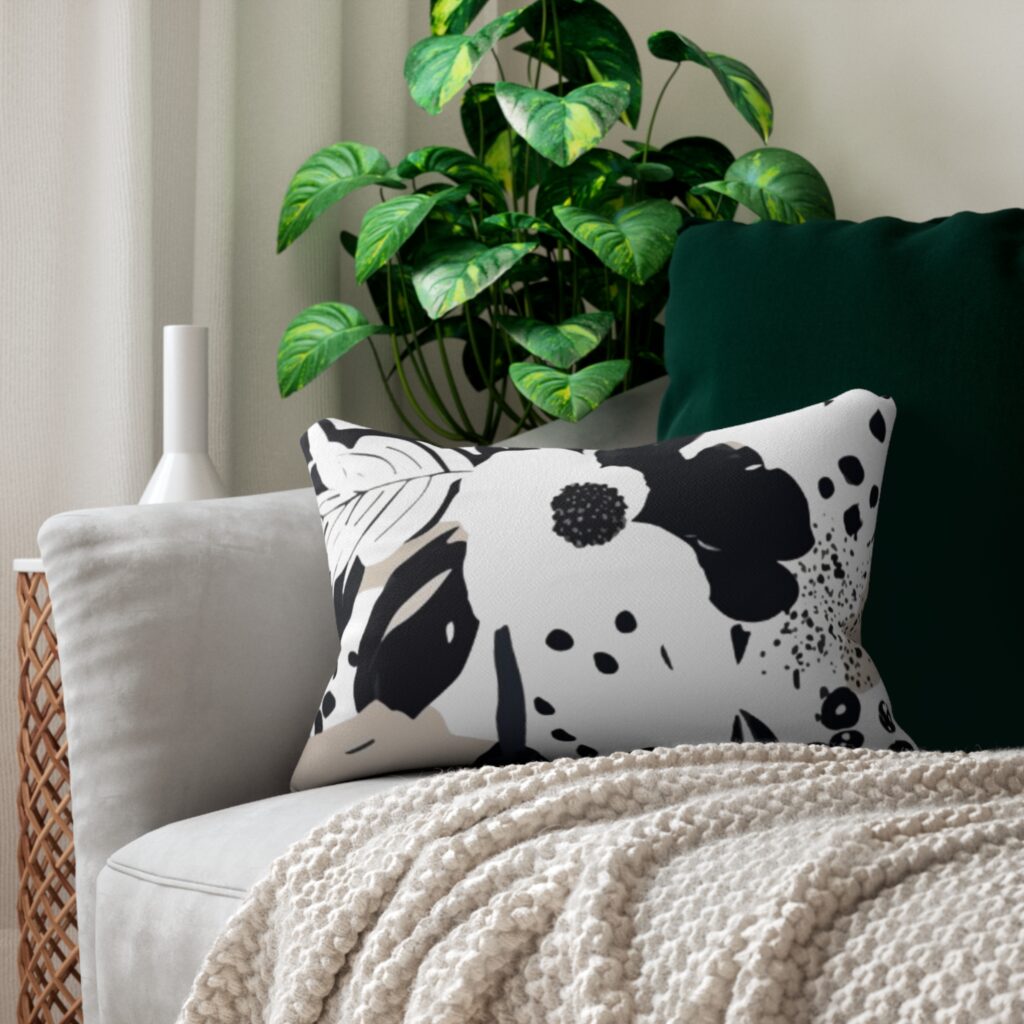 Floral Black & Beige Lumbar Pillow — Modern Botanical Cushion