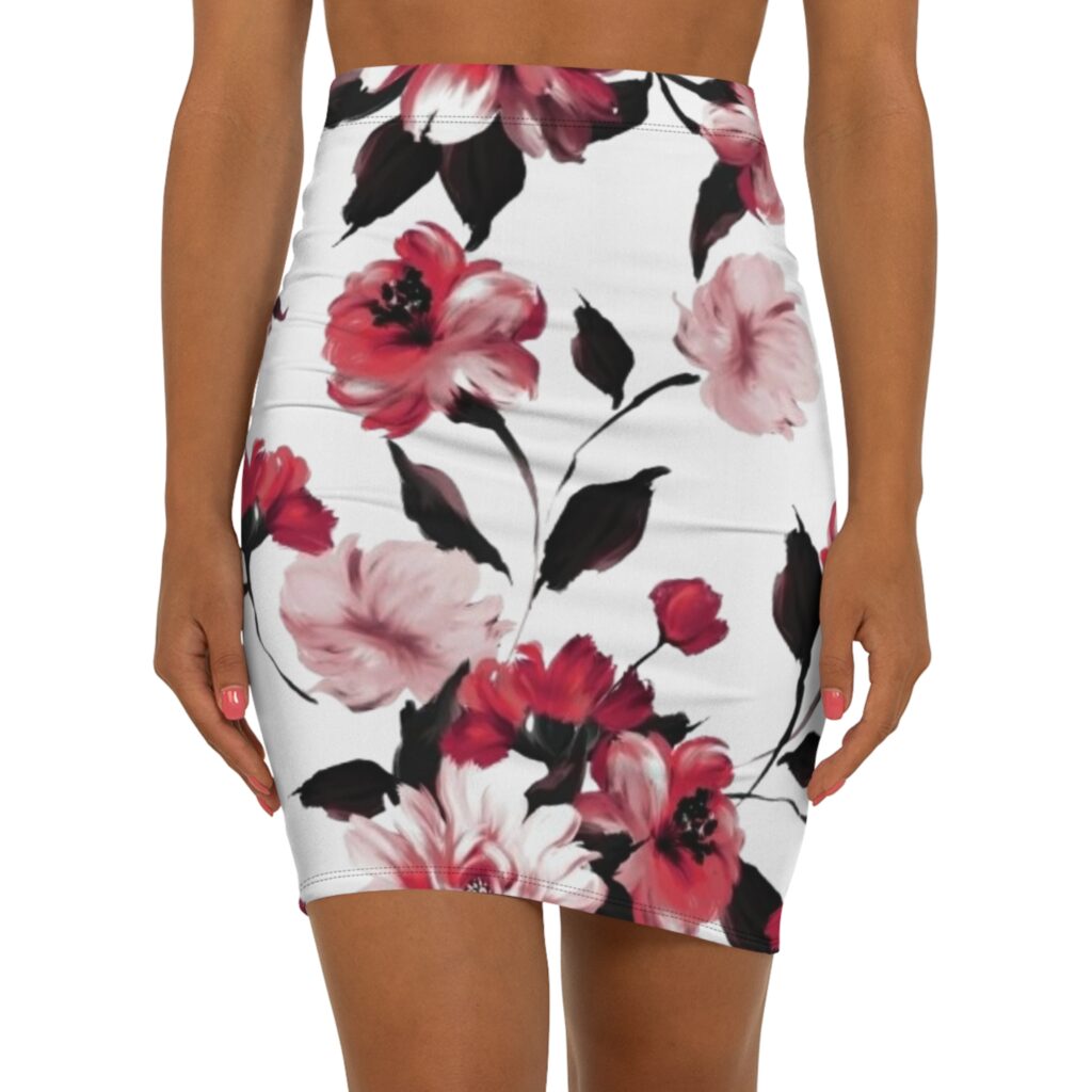 Floral Watercolor Pencil Skirt — Pink & Burgundy Bloom Print