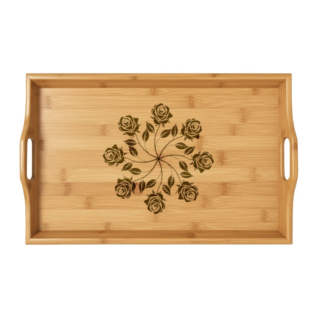 Engraved Bamboo Serving Tray — Floral Rose Mandala