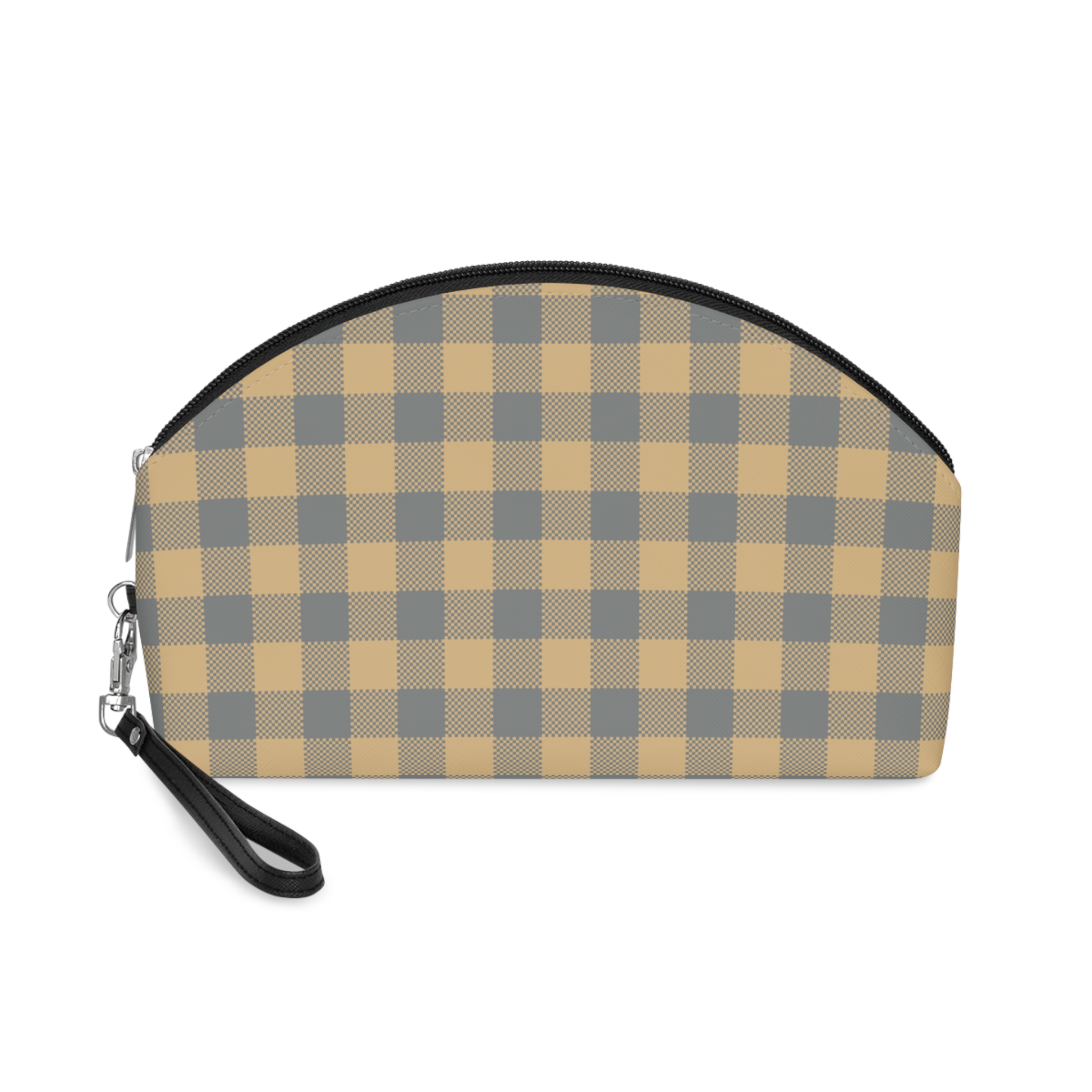 Plaid Cosmetic Pouch — Yellow & Gray Check Makeup Bag - Image 2