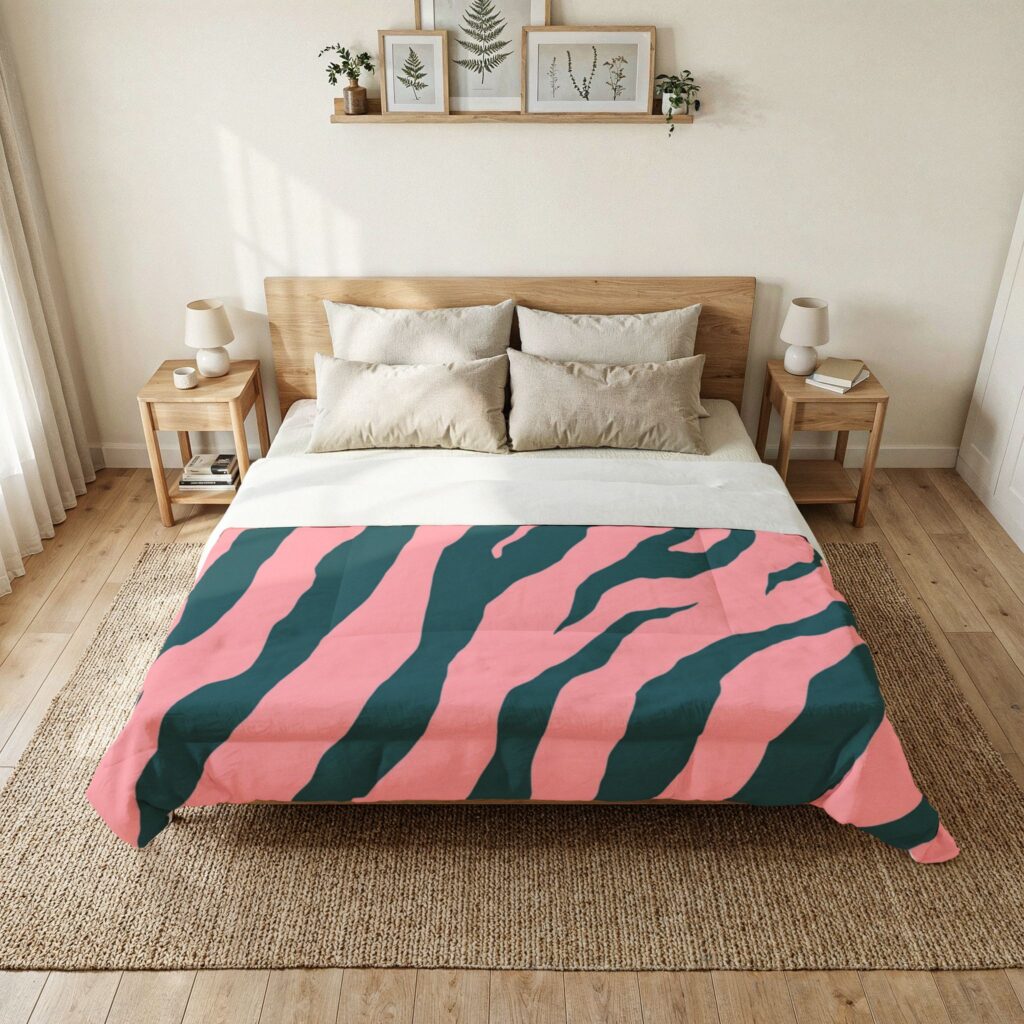 Pink & Teal Zebra Cotton Comforter — Bold Animal Print Bedding