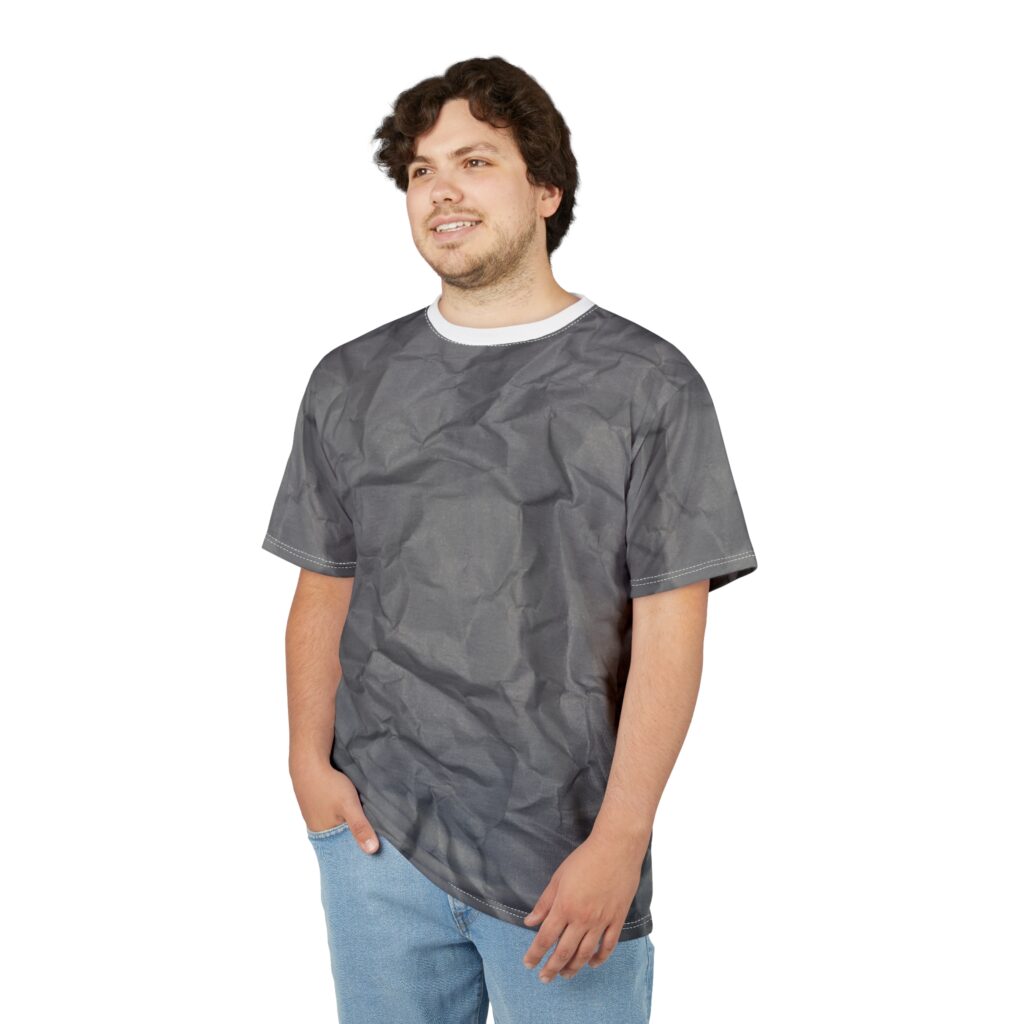 Crumpled Paper Graphic Tee — Novelty Grey All-Over Print T‑Shirt