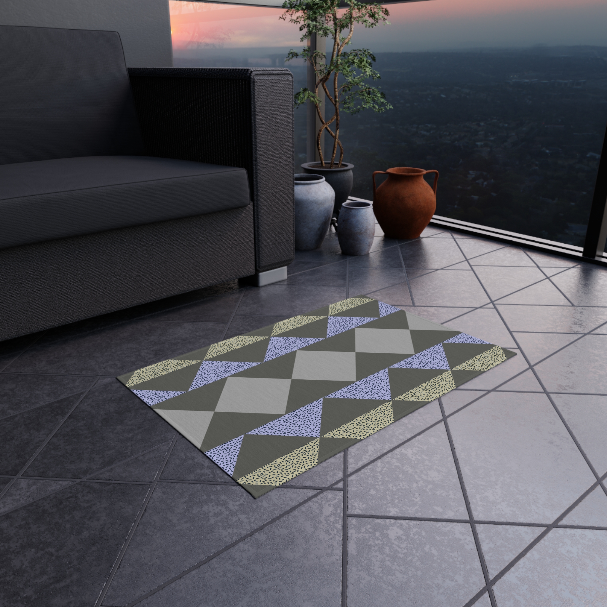 Geometric Triangle Outdoor Rug — Modern Patio Mat in Gray, Blue & Beige - Image 8