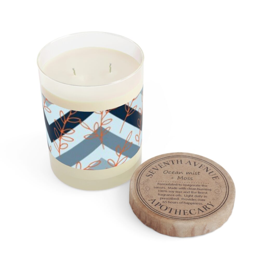 Blue Chevron Scented Candle — 11oz Glass Jar, Botanical Accent