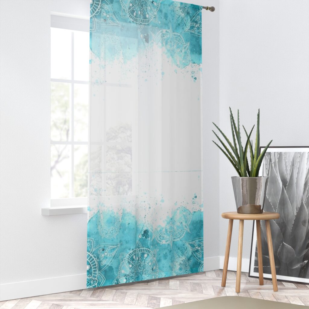 Turquoise Mandala Window Curtain — Boho Floral Sheer Panel for Living Room, Bedroom, Spa
