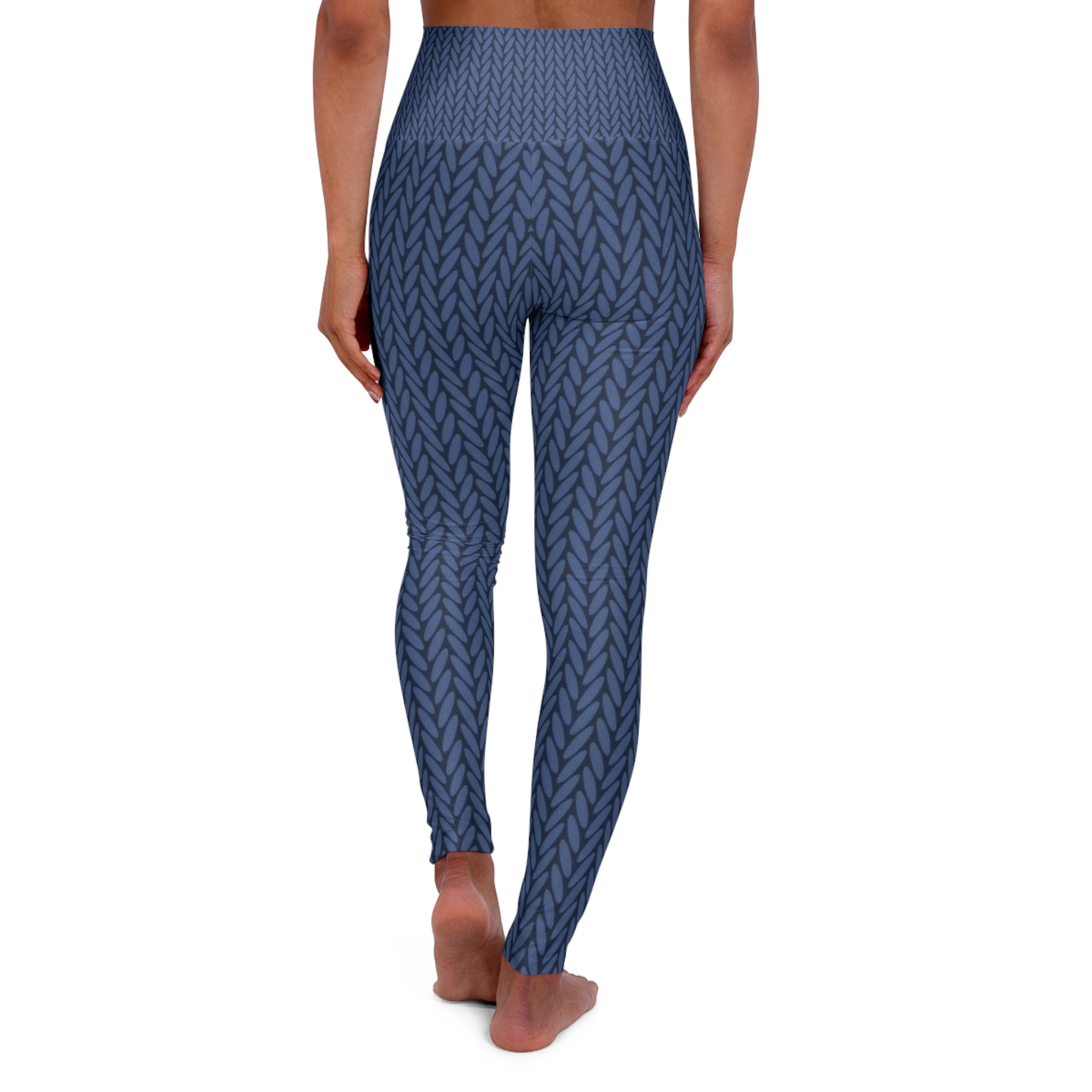 Knit-Texture High Waisted Yoga Leggings — Blue Cable Knit Pattern - Image 3