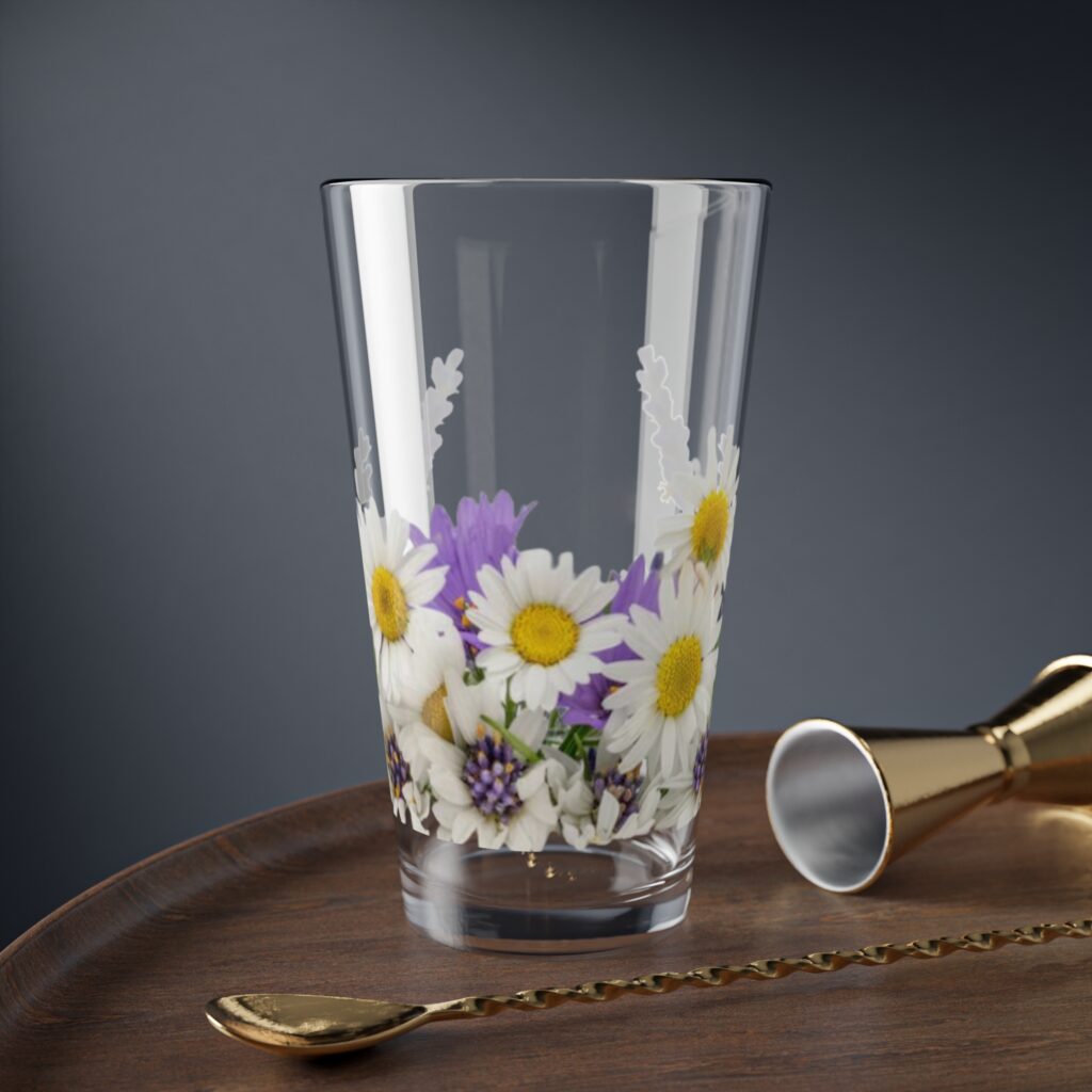 16oz Floral Mixing Glass – Elegant Gray & Olive Botanical Bar Glass