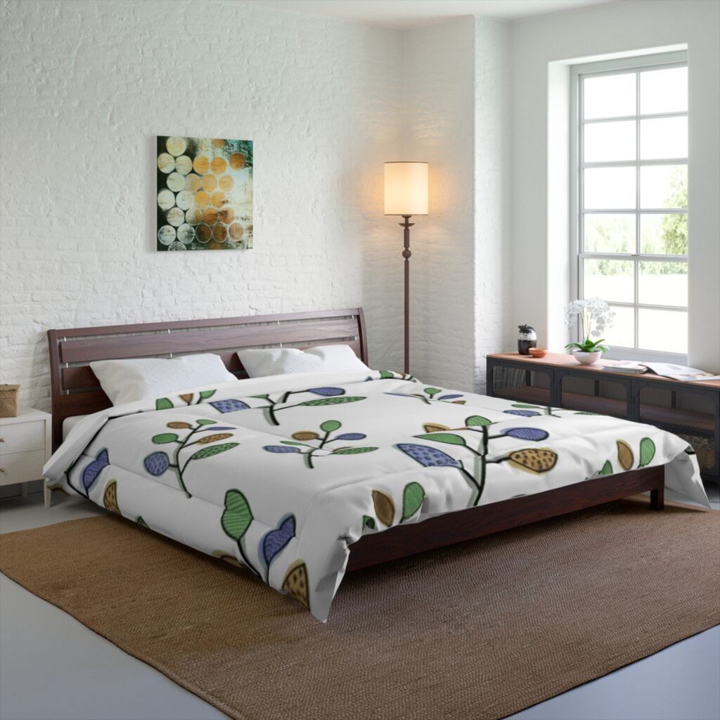 Botanical Branch Comforter — Green & Blue Leaf Pattern Duvet Cover
