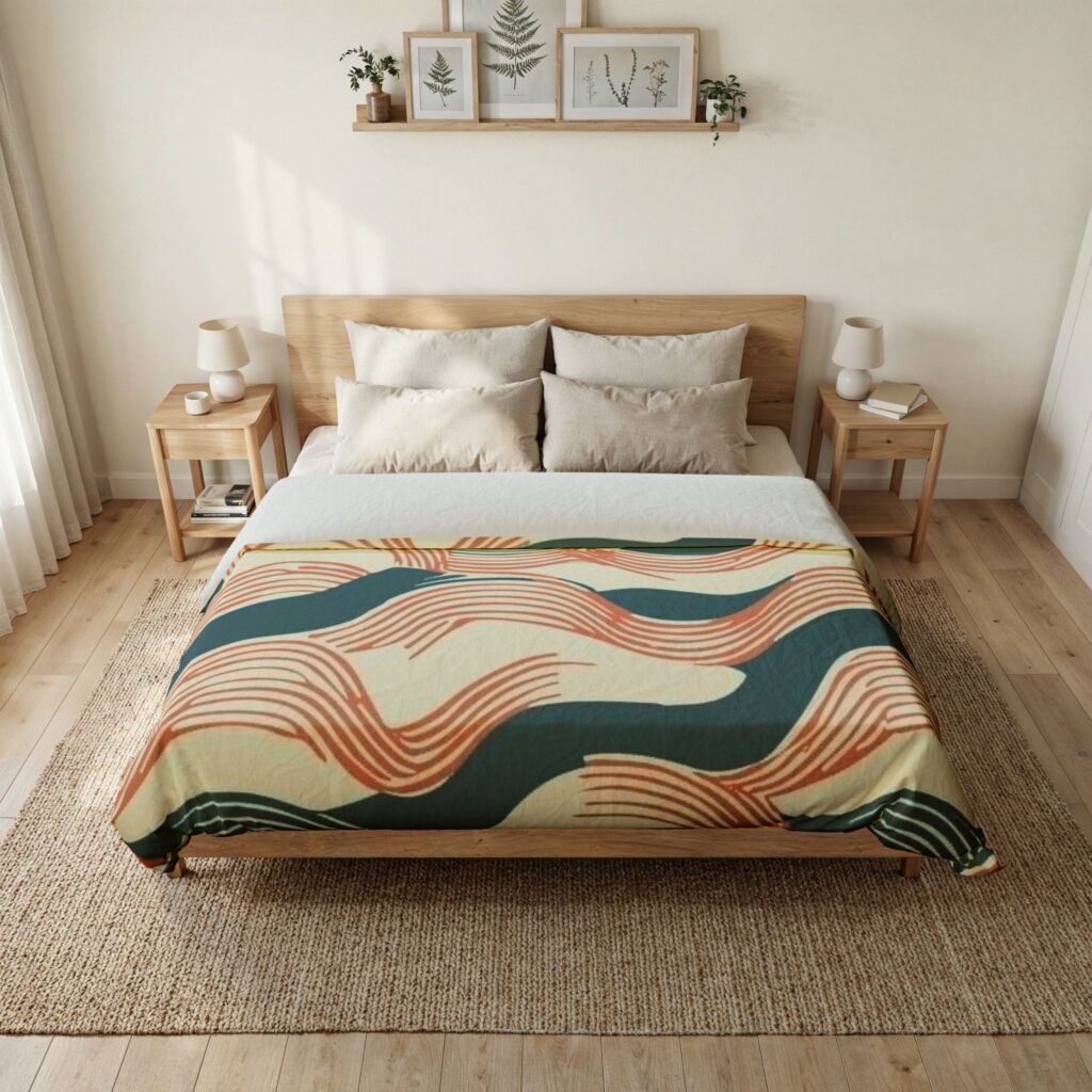Abstract Wave Cotton Duvet Cover — Retro Teal & Terracotta Bedding