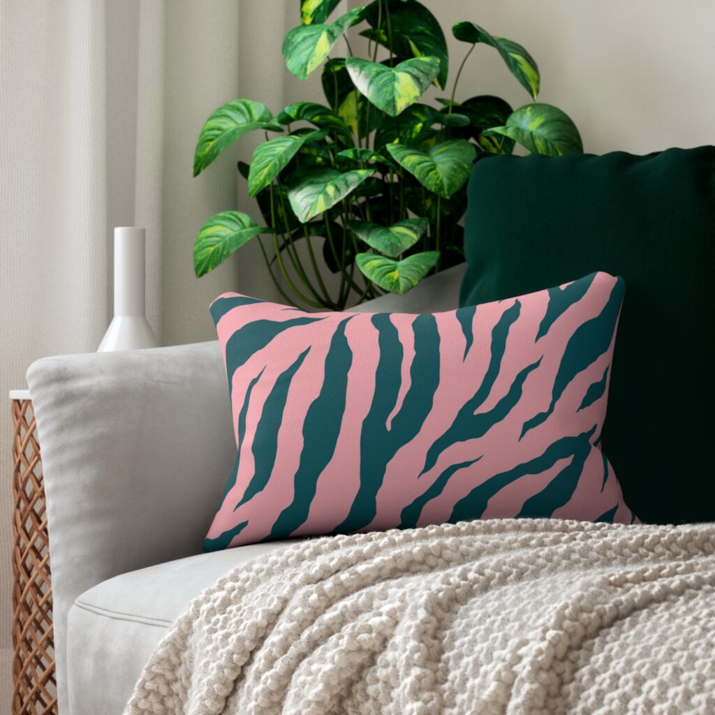 Pink and Dark Teal-Green Animal Print Pattern Spun Polyester Lumbar Pillow