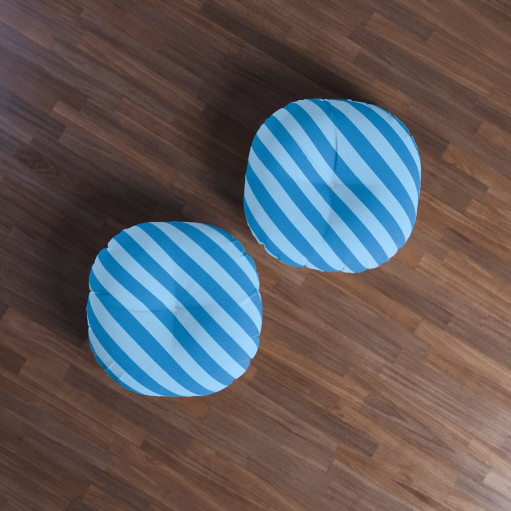 Round Tufted Floor Pillow - Blue Diagonal Stripe Boho Accent Cushion