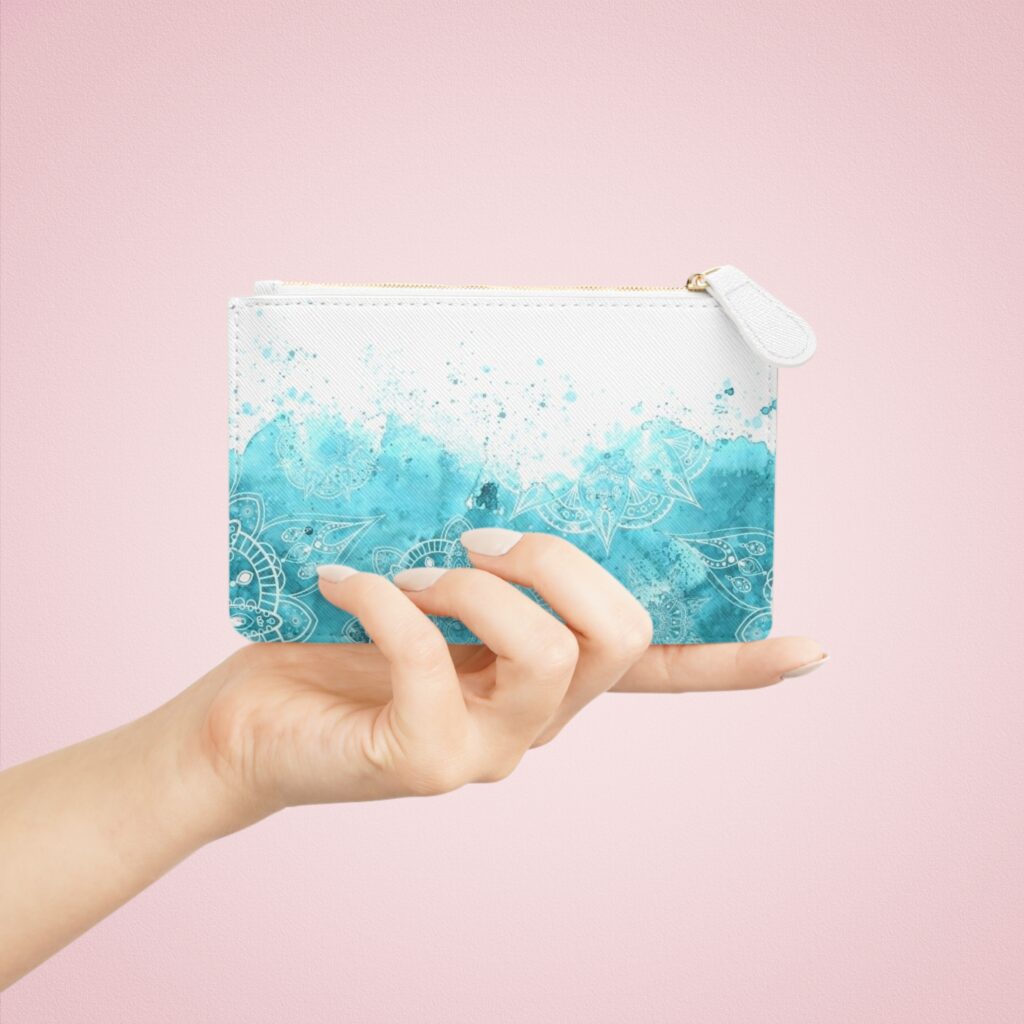 Mini Clutch Bag — Turquoise Watercolor Mandala Zip Pouch