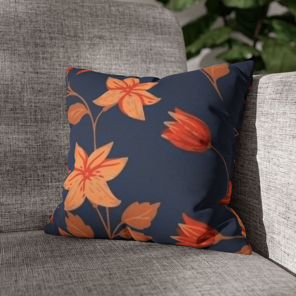 Floral Navy Throw Pillowcase — Orange Garden Blooms Spun Polyester