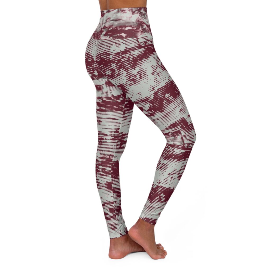 High-Waist Maroon Tie-Dye Yoga Leggings — Ribbed Texture AOP