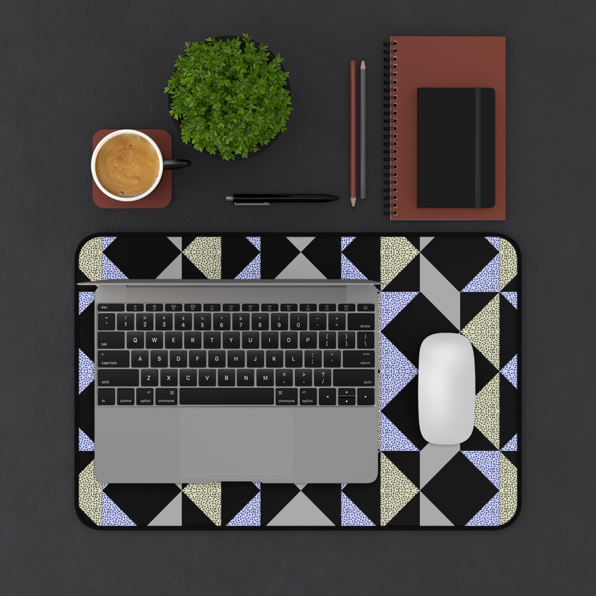 Geometric Glam Desk Mat — Modern Black & Silver Pattern