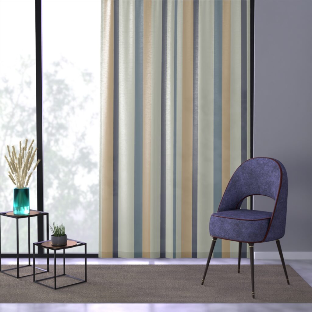 Striped Sheer Curtain Panel — Coastal Blue & Sand Vertical Stripe Window Curtain