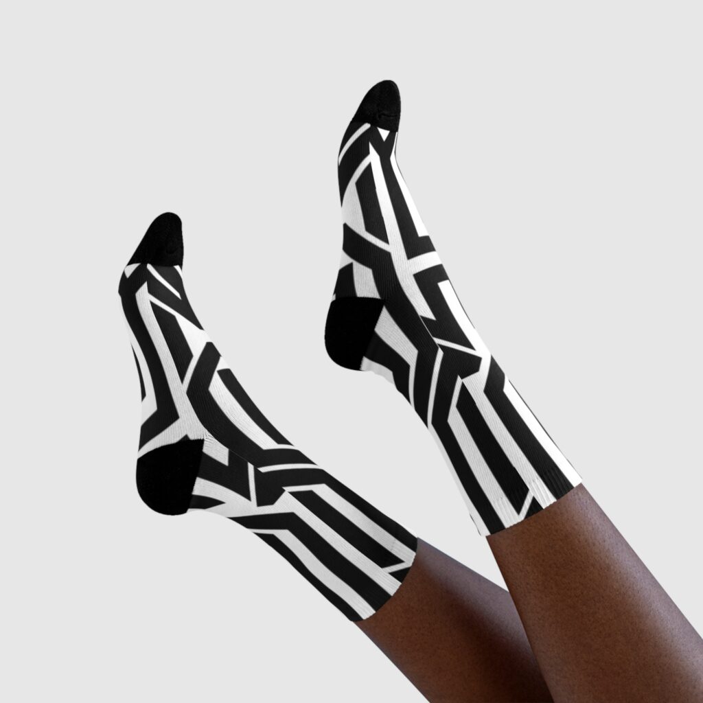 Geometric Maze Crew Socks — Black & White Sublimation Pattern