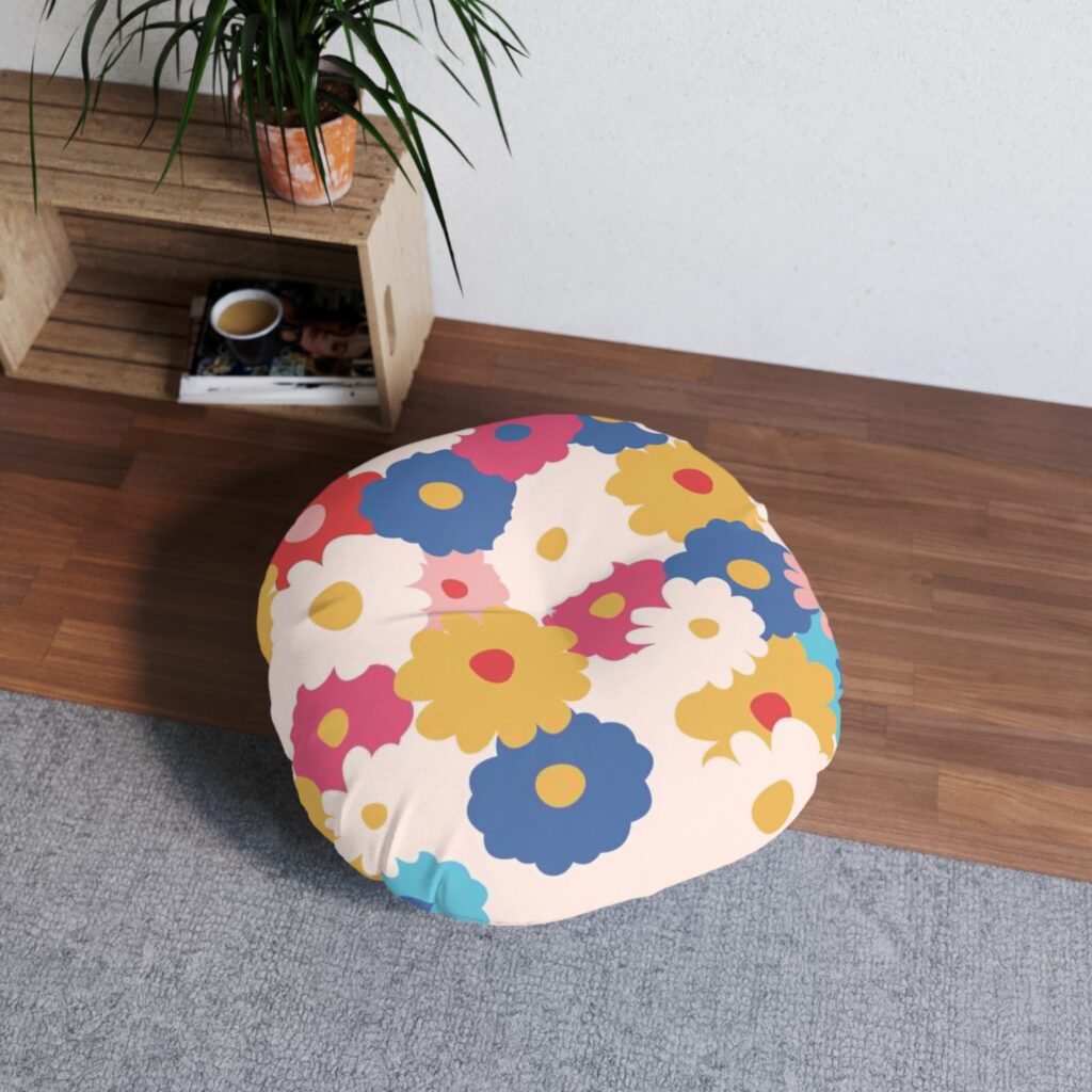 Round Tufted Floor Pillow — Retro Colorful Floral Pattern