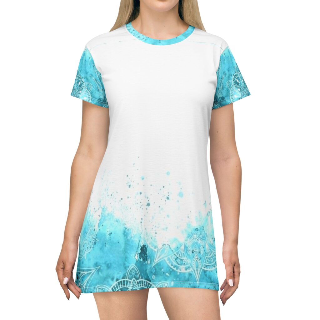 AOP T-Shirt Dress — Turquoise Watercolor Mandala Beach Cover-Up