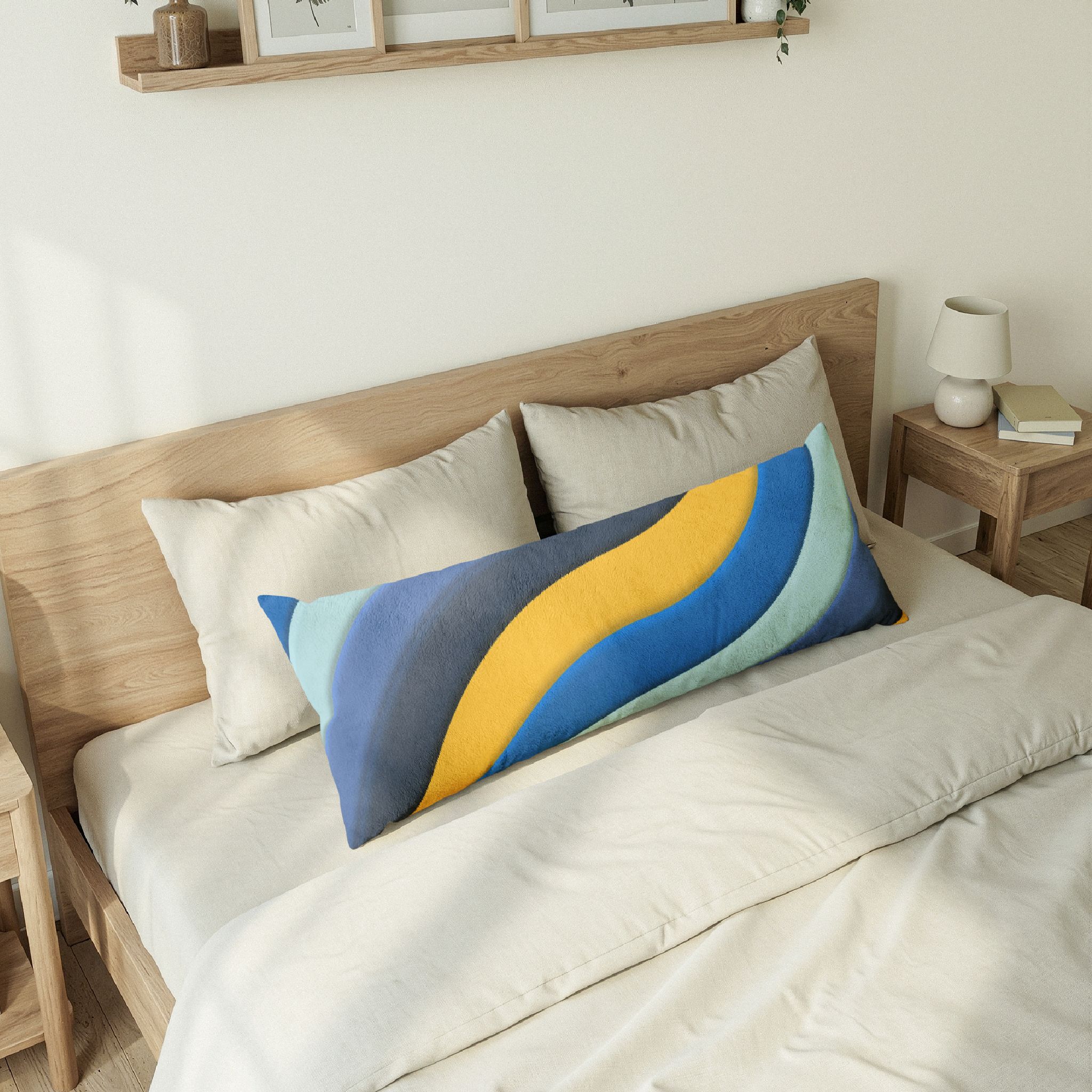 Abstract Wave Body Pillow – Blue & Yellow Modern Decorative Lumbar Cushion - Image 6
