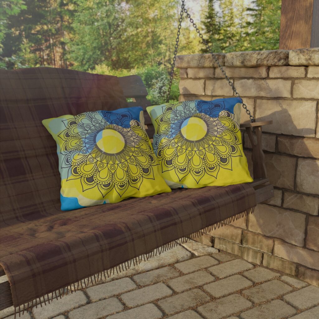 Sunburst Mandala Outdoor Pillow — Boho Patio Cushion in Blue & Yellow