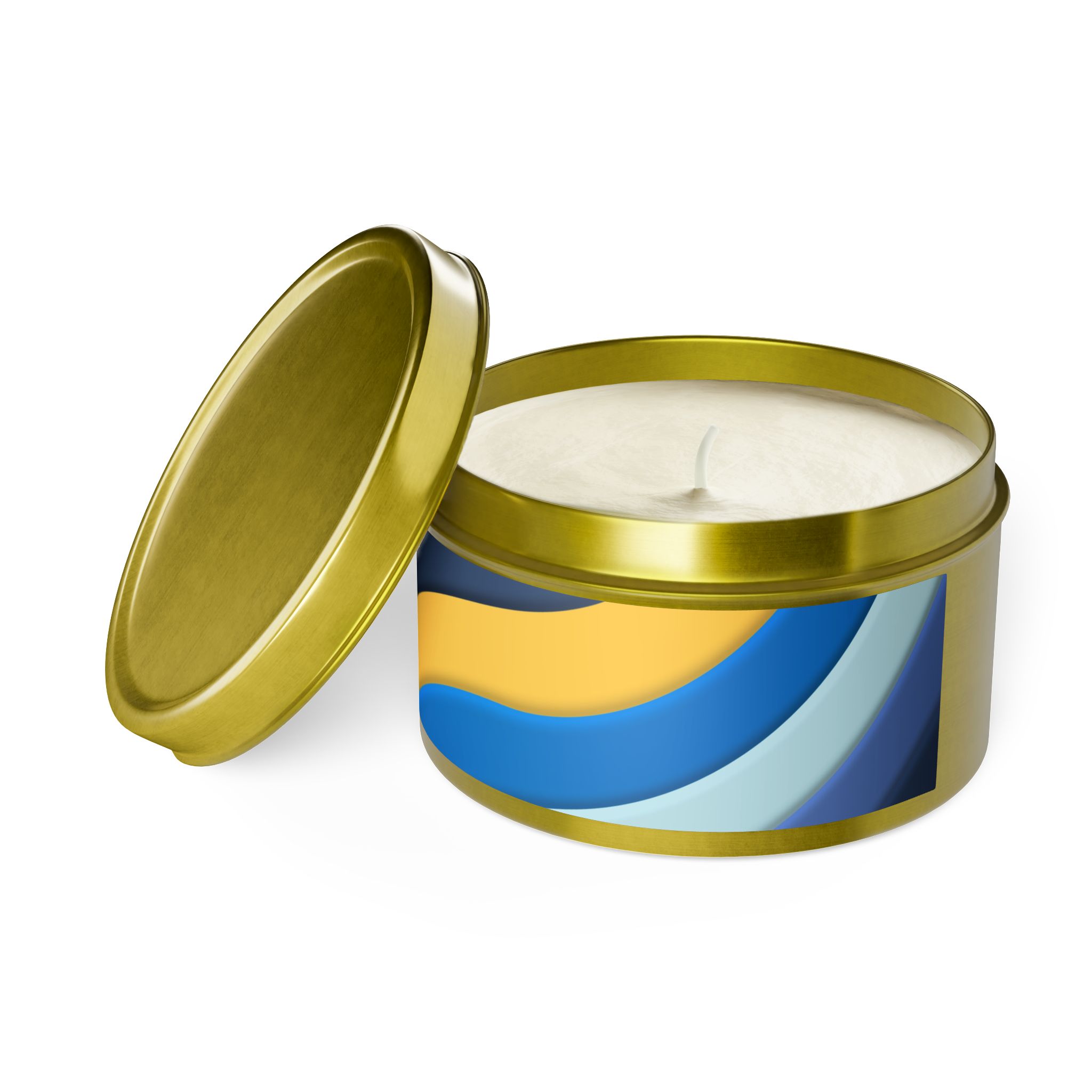Blue & Gold Wave Tin Candle — Coastal Scented Soy Candle in Travel Tin - Image 79