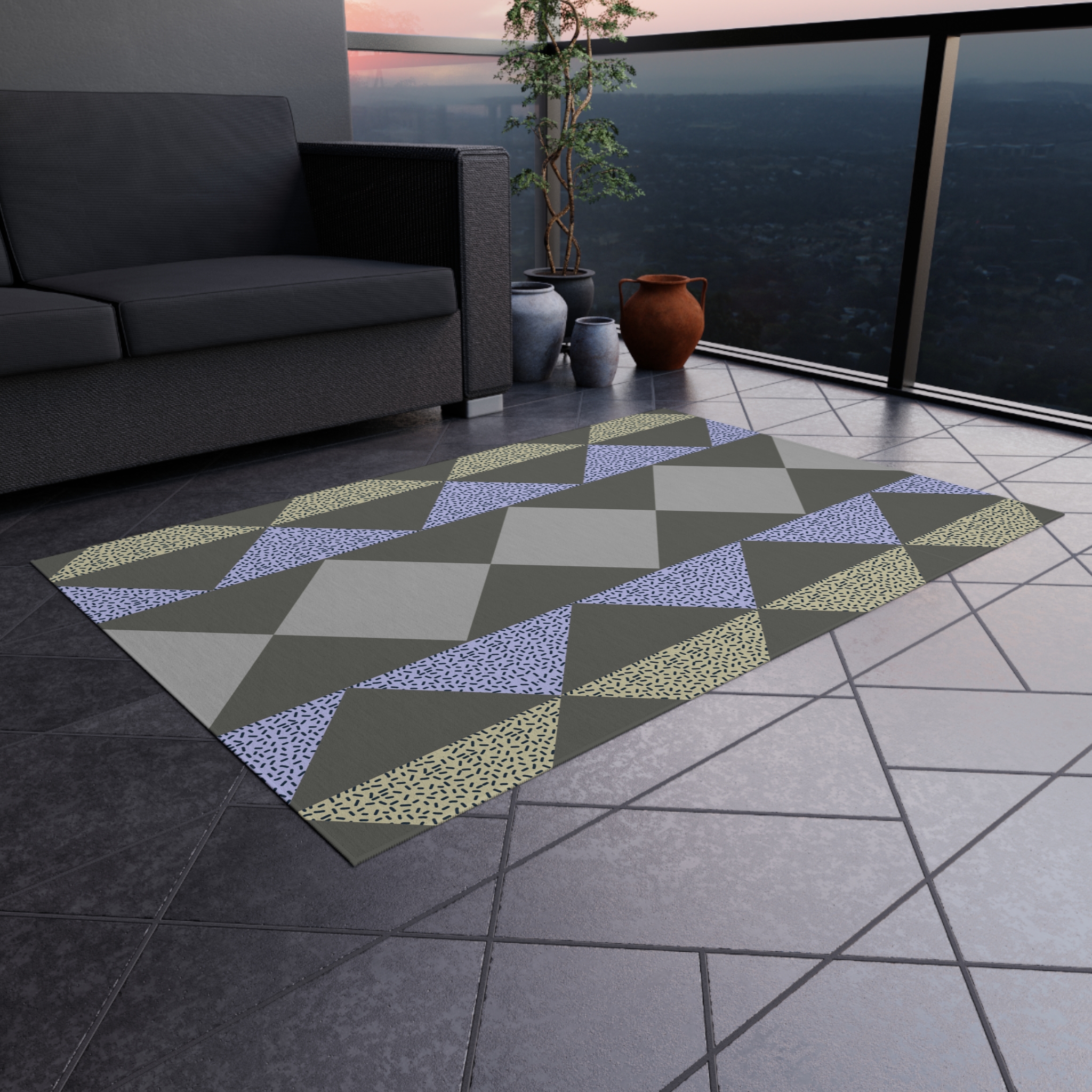 Geometric Triangle Outdoor Rug — Modern Patio Mat in Gray, Blue & Beige - Image 4