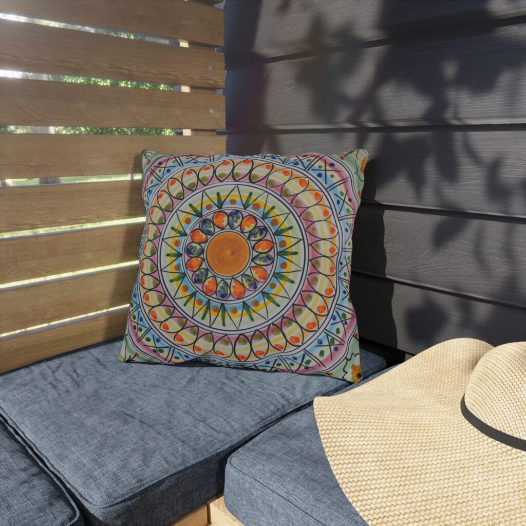 Boho Mandala Outdoor Pillow - Colorful Floral Sunburst Patio Cushion
