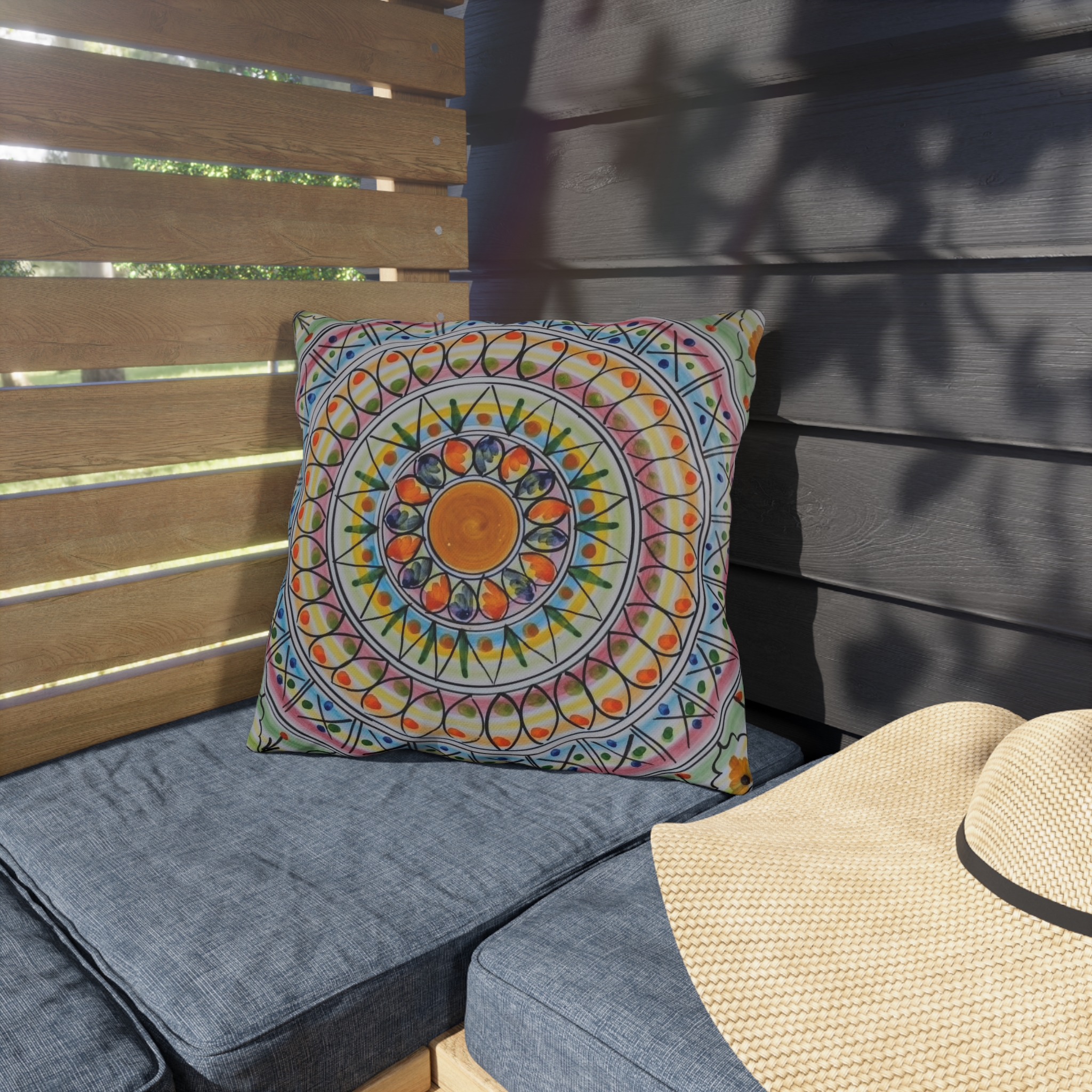Boho Mandala Outdoor Pillow - Colorful Floral Sunburst Patio Cushion