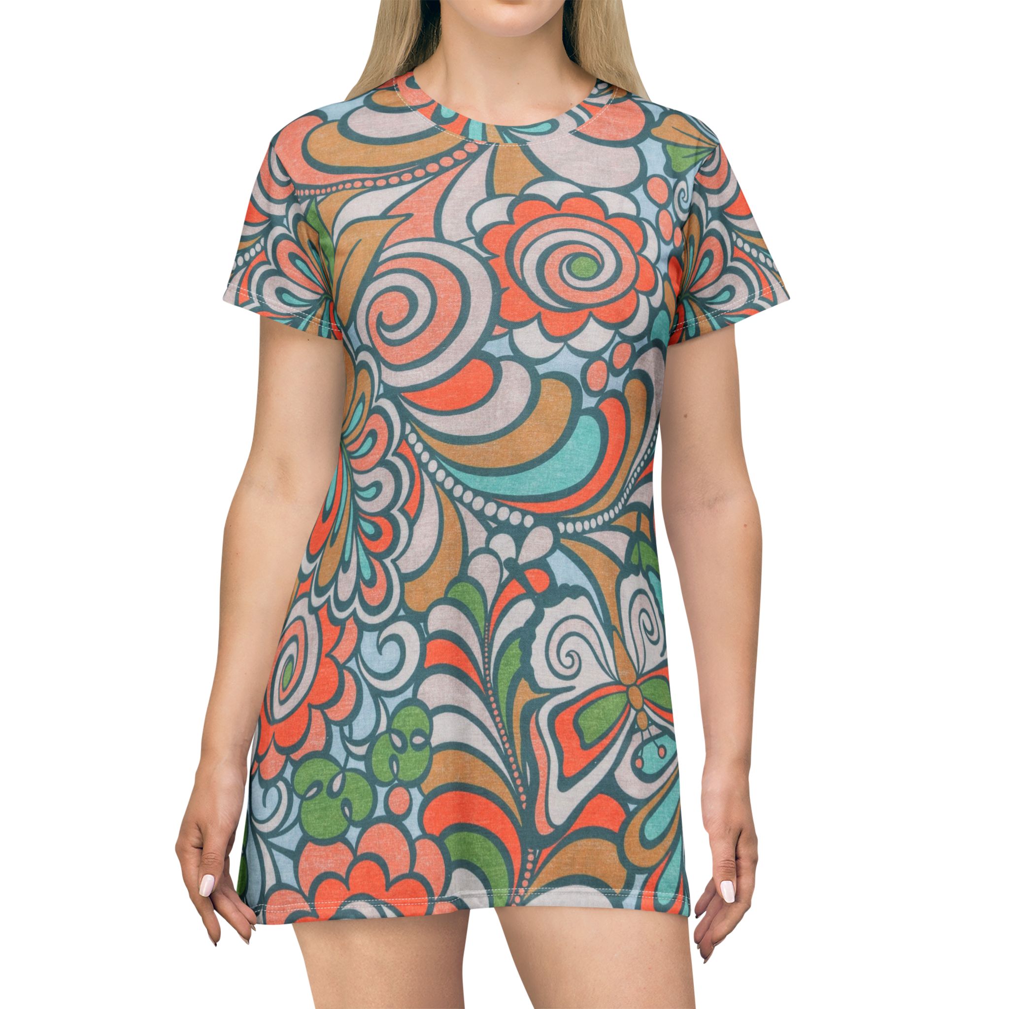Floral Paisley T-Shirt Dress – Retro Boho All-Over Print