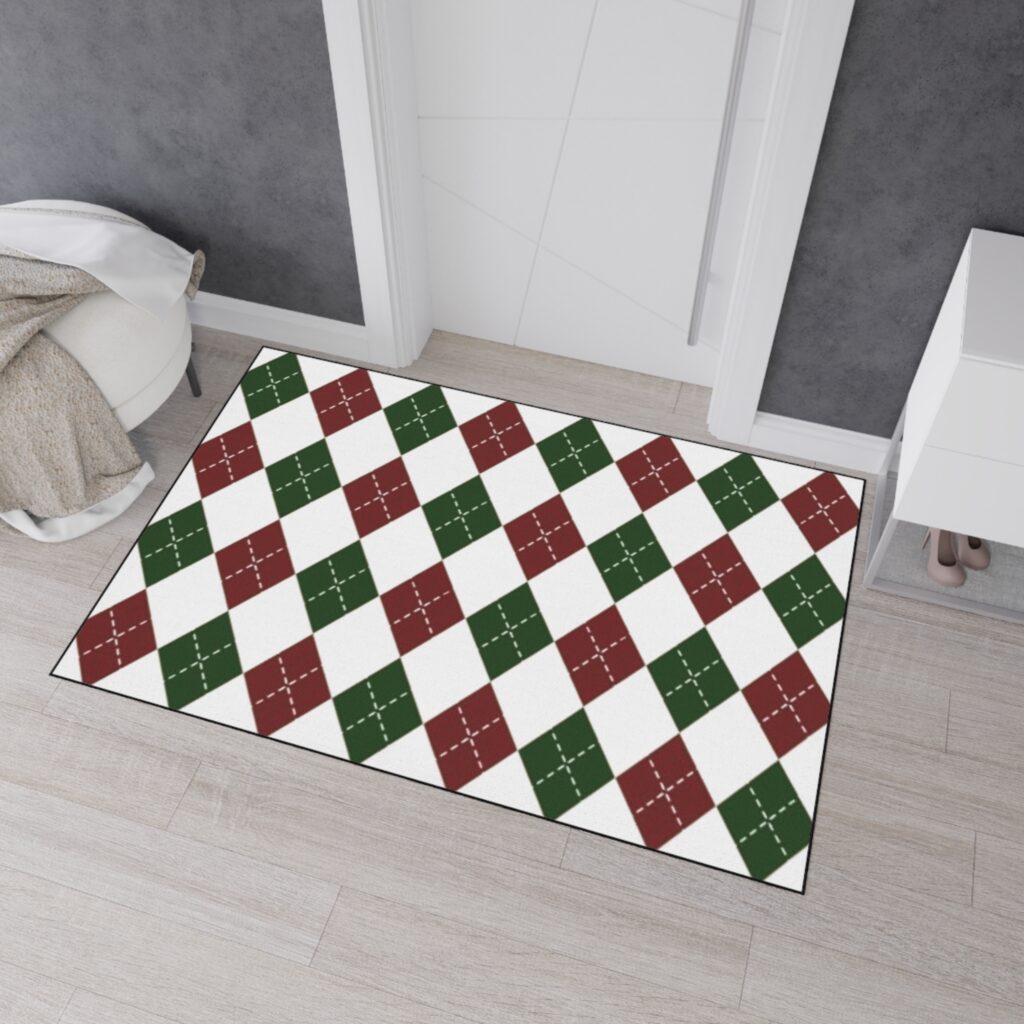 Argyle Holiday Floor Mat — Red & Green Heavy-Duty Entry Rug