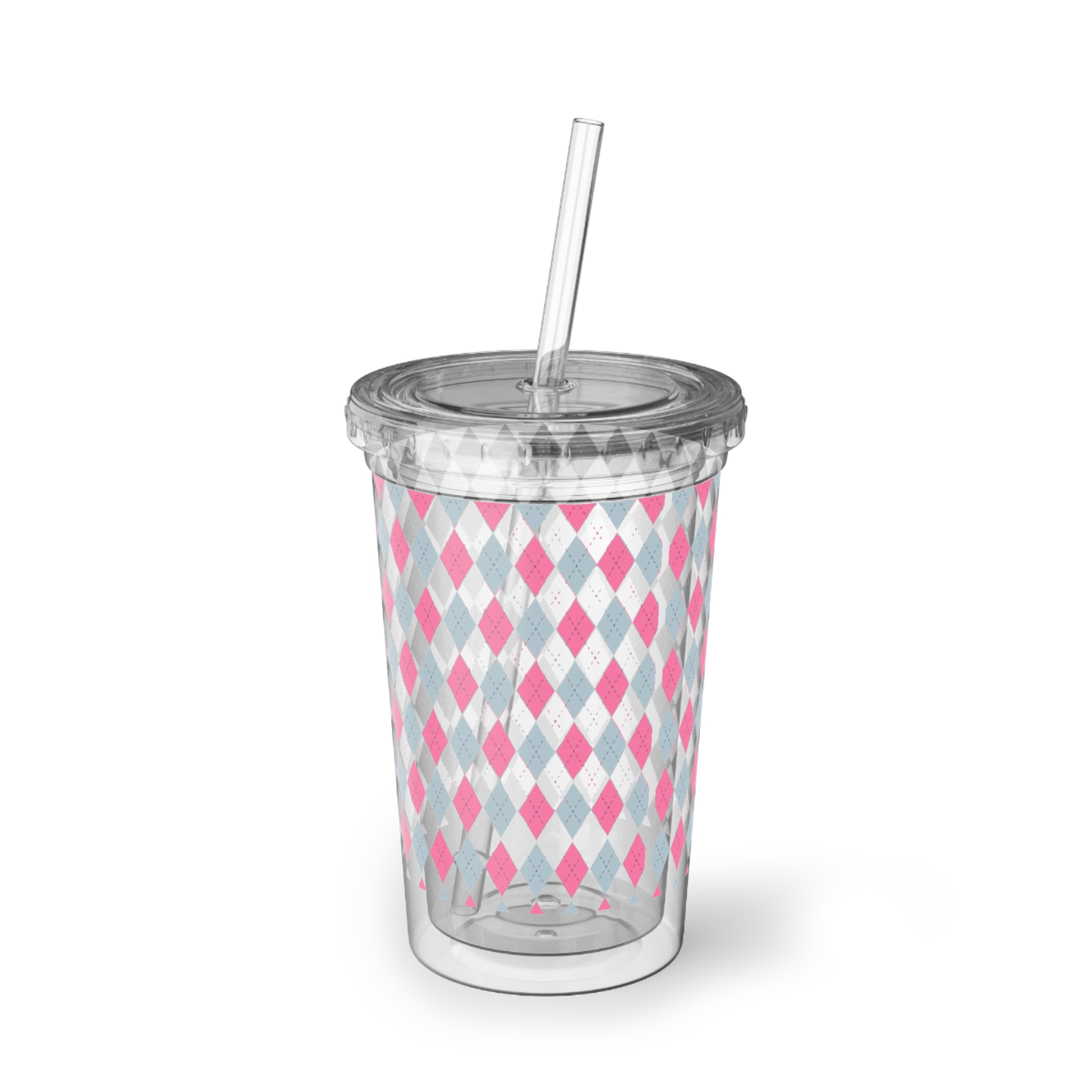 Pink Gray Argyle Acrylic Tumbler - Reusable Cold Cup with Straw - Image 3
