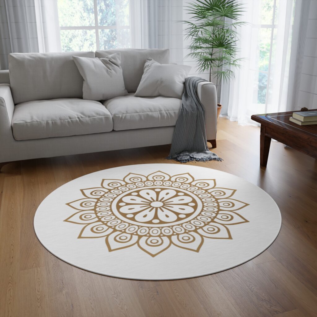 Boho Mandala Round Rug — Neutral Gold Floral Accent Mat