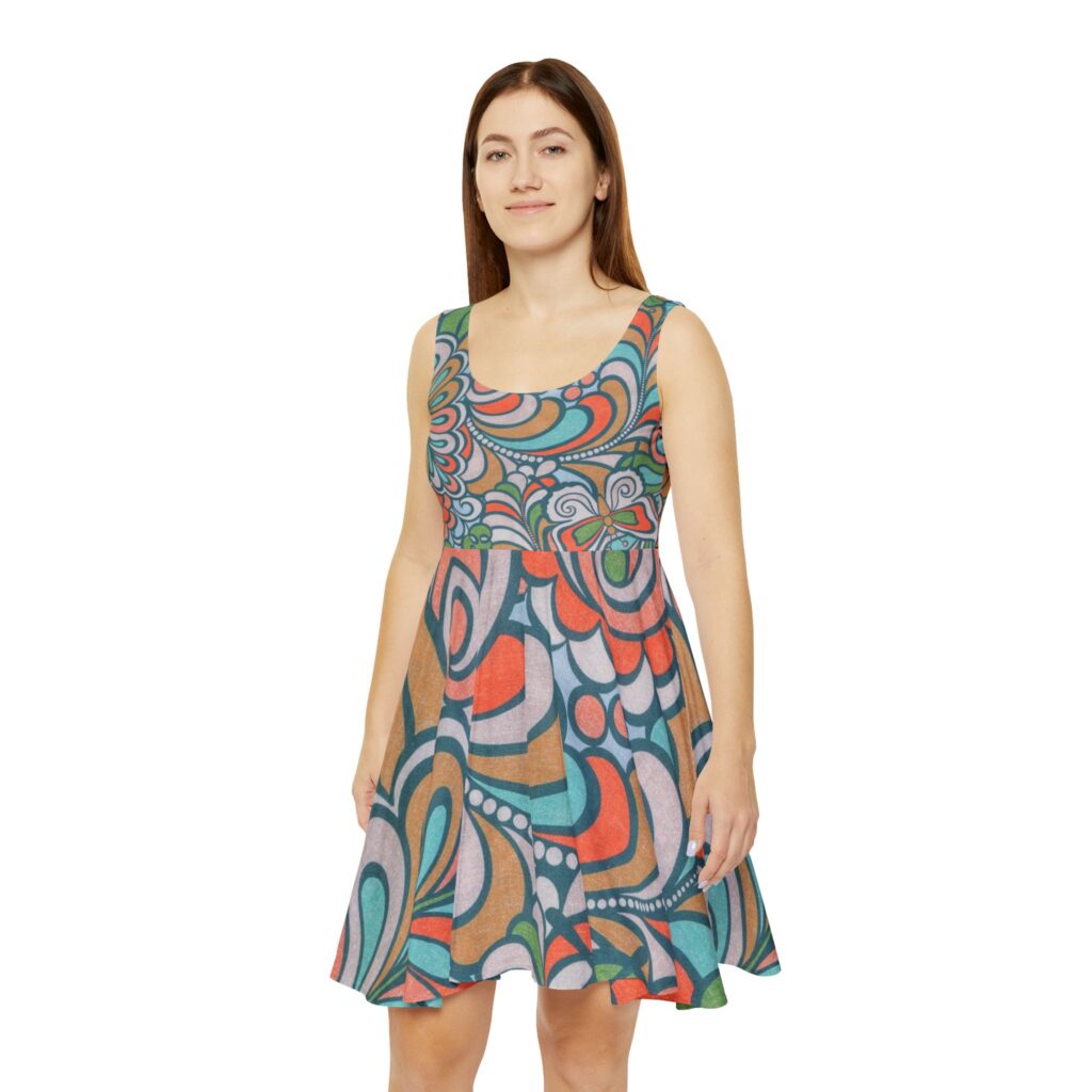 Boho Floral Swirl Skater Dress — Colorful Retro All-Over-Print