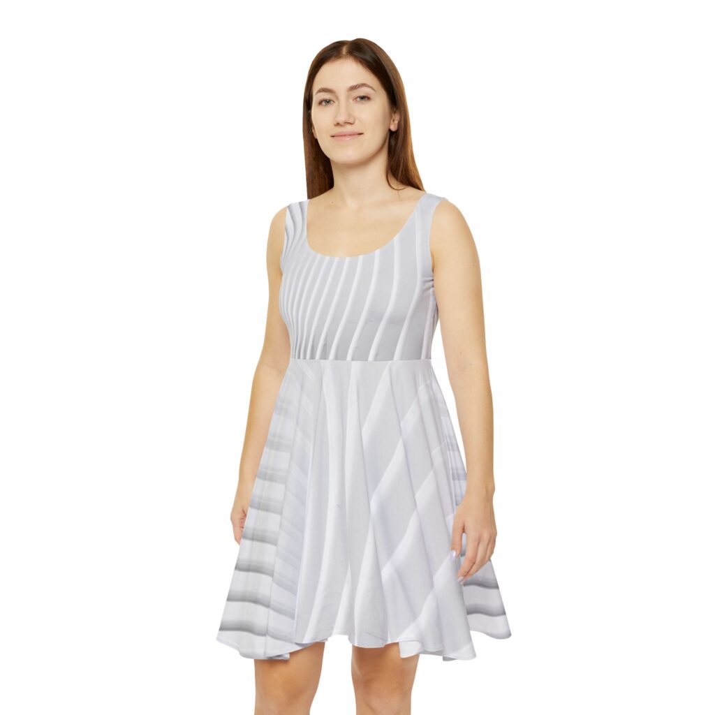 White Architectural Wave Skater Dress — Minimalist Abstract Midi