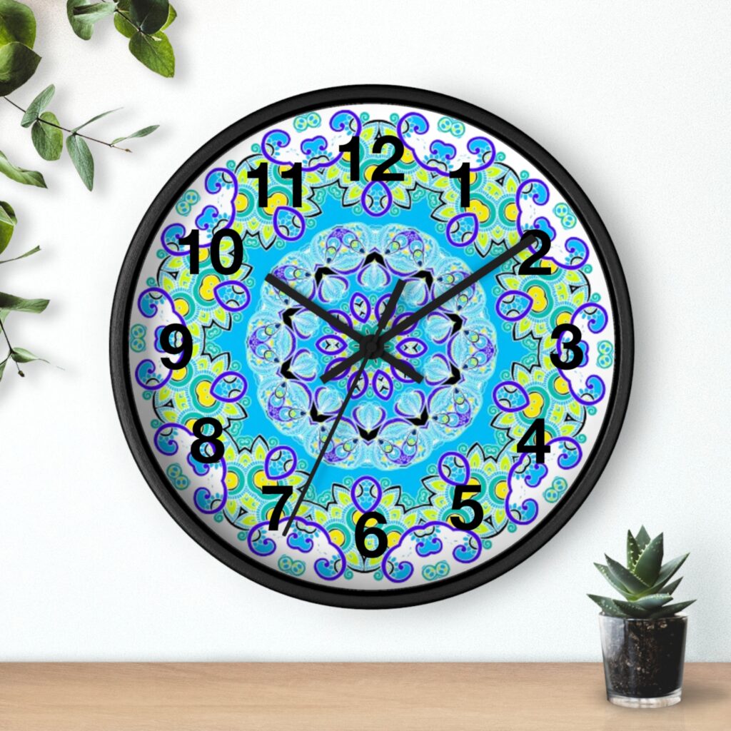 Turquoise Mandala Wall Clock — Boho Floral Decorative Clock for Living Room, Bedroom & Yoga Space
