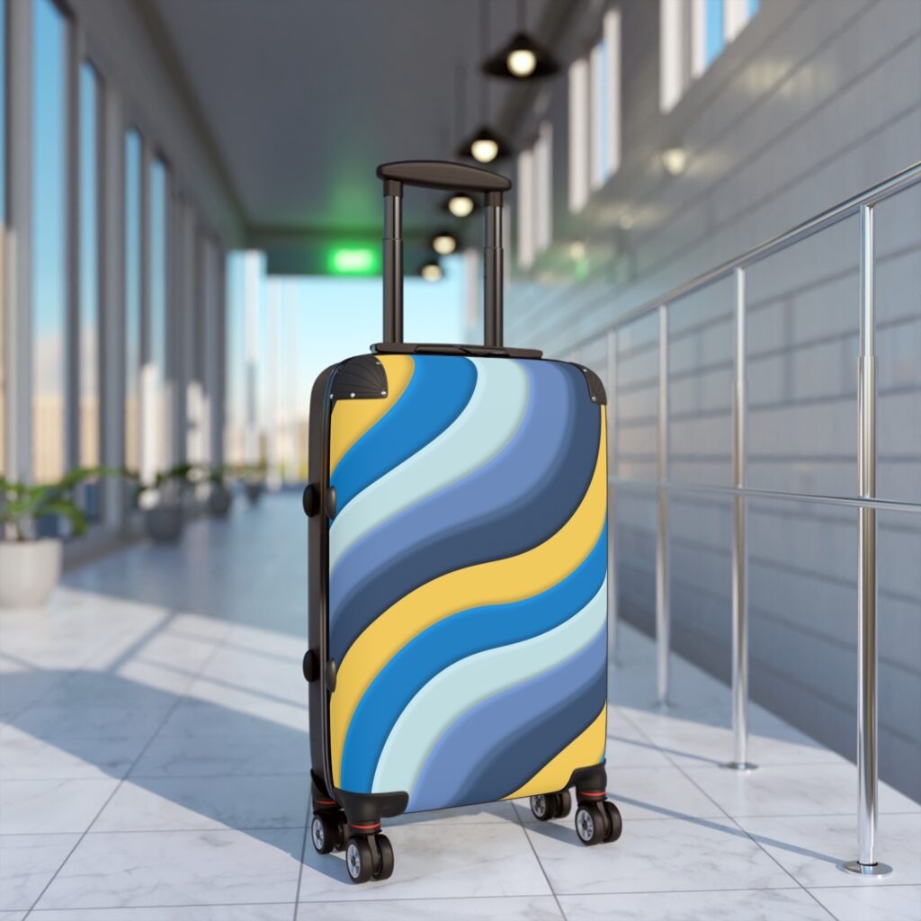 Blue & Yellow Wave Carry-On Suitcase — Retro Coastal Pattern Travel Luggage