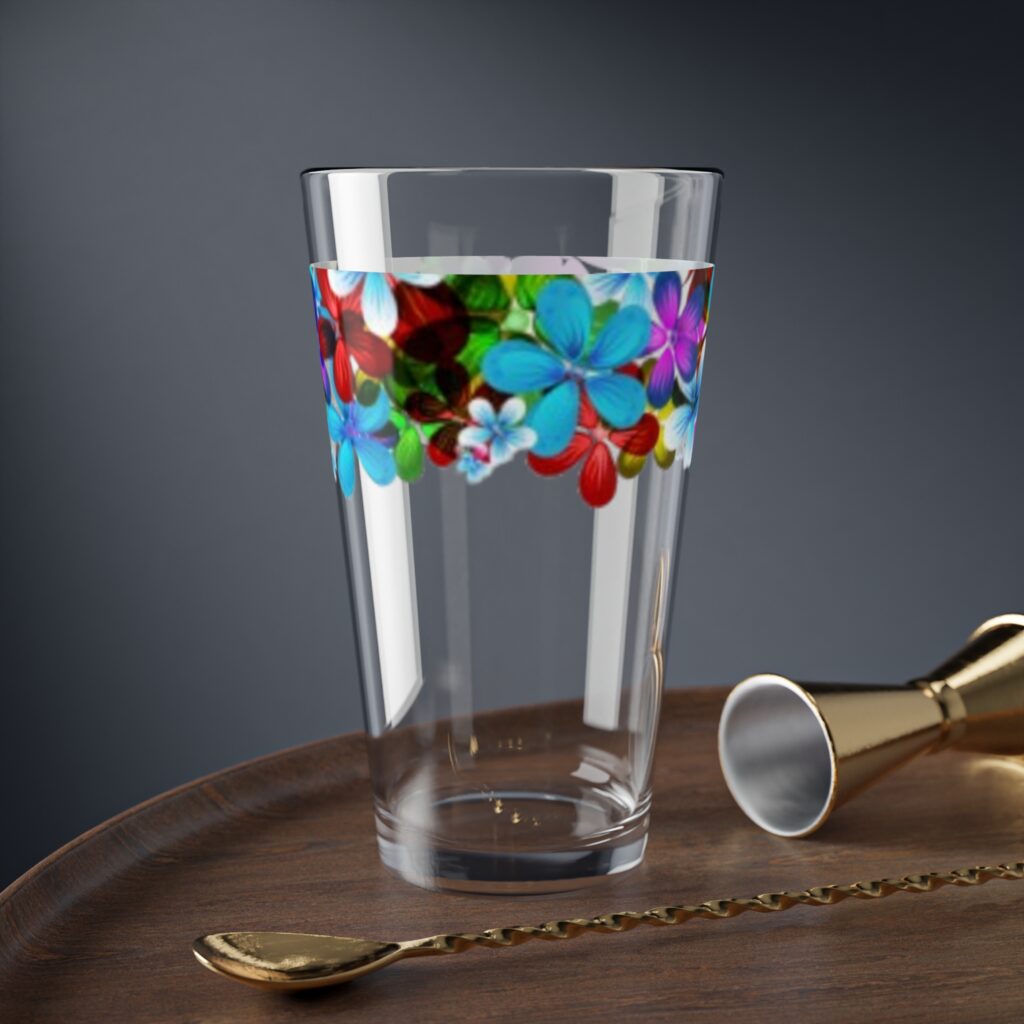 Floral Border Mixing Glass — 16oz Colorful Flower Bar Glass