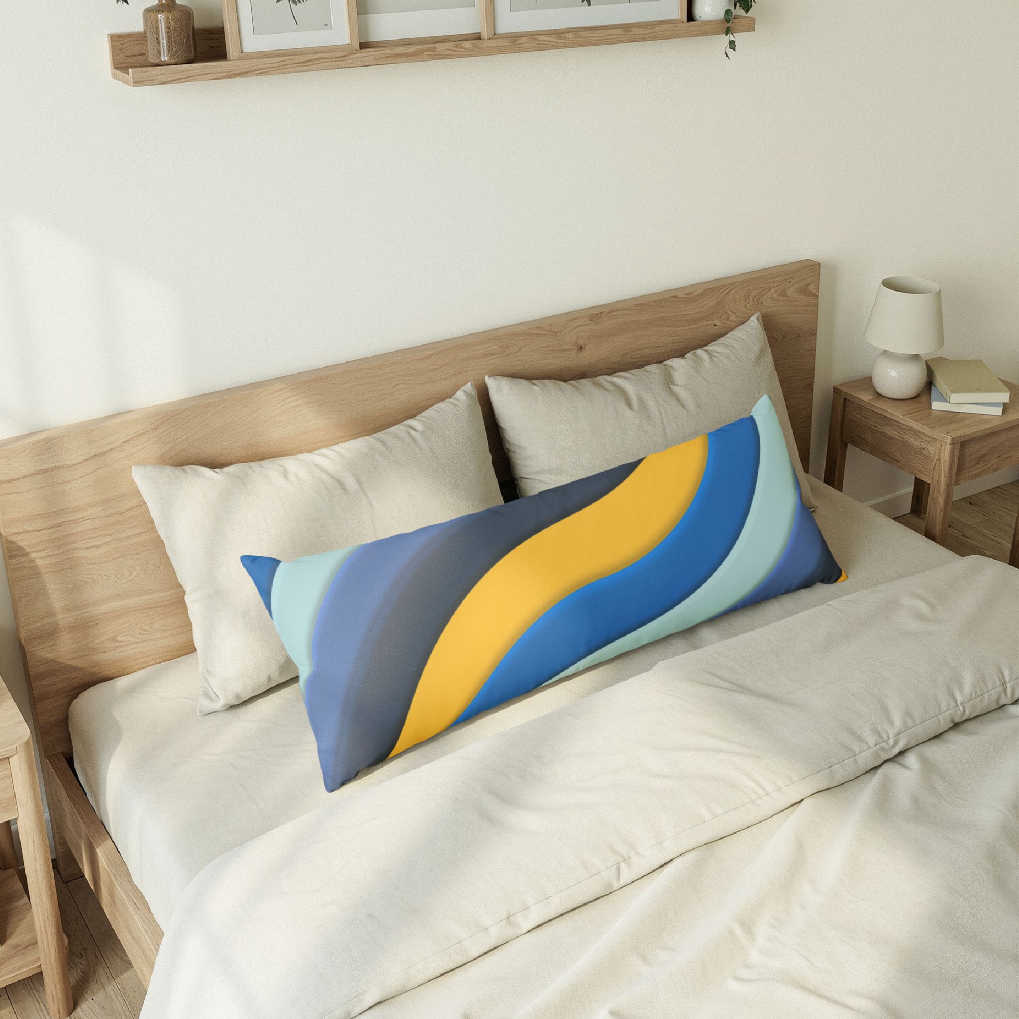 Abstract Wave Body Pillow – Blue & Yellow Modern Decorative Lumbar Cushion