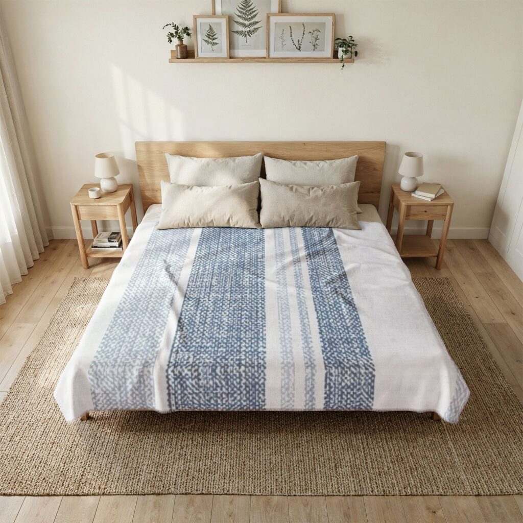 Blue Woven Stripe Coverlet — Lightweight Coastal Bedspread