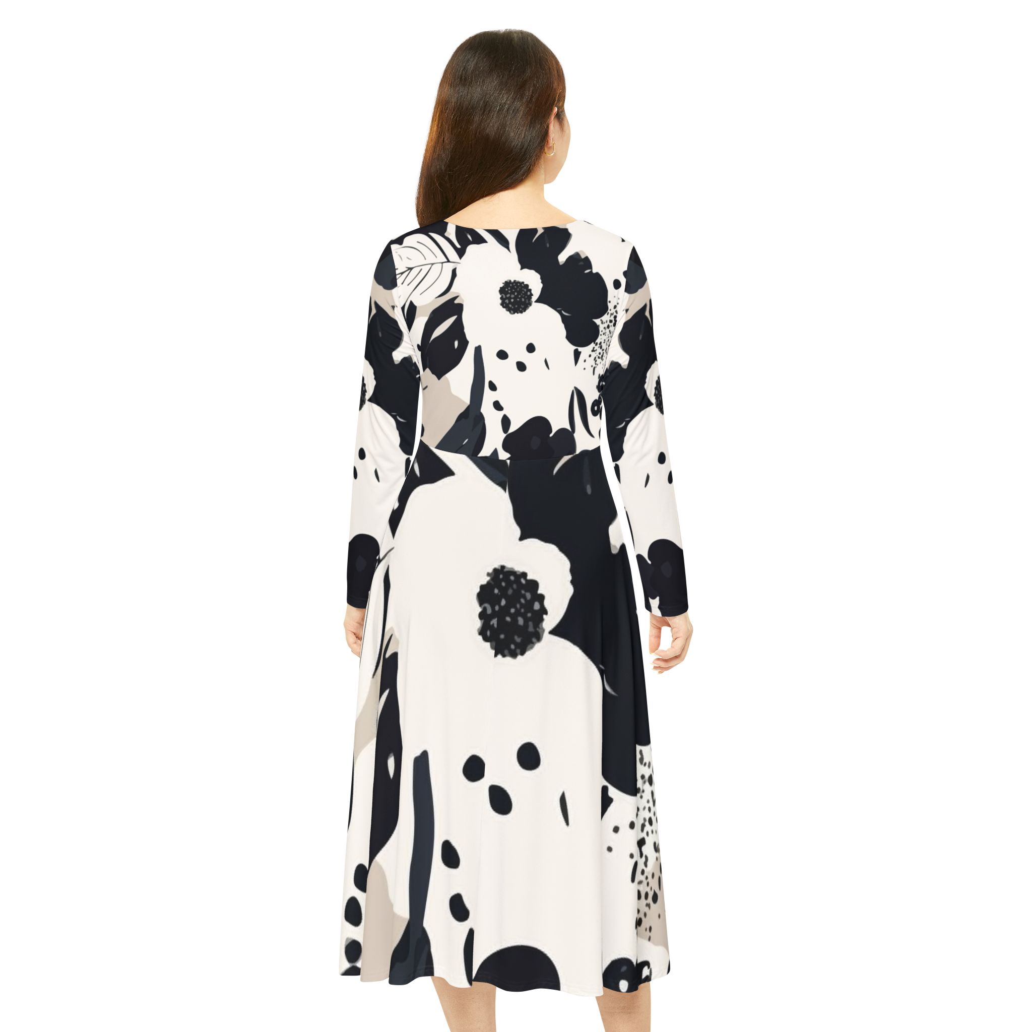 Floral A-Line Swing Dress — Long Sleeve Black & Ivory Garden Print - Image 4