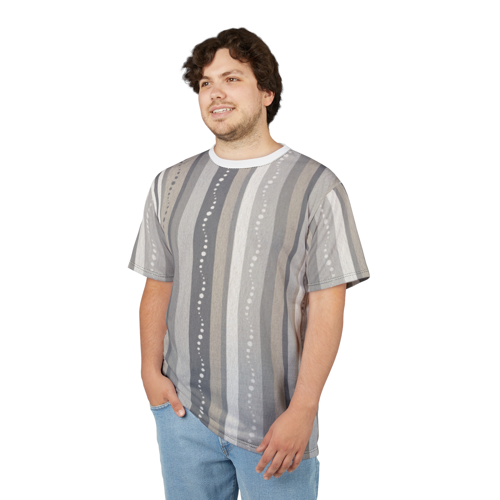 Neutral Striped Pattern Tee — Beige & Gray All-Over Print - Image 10