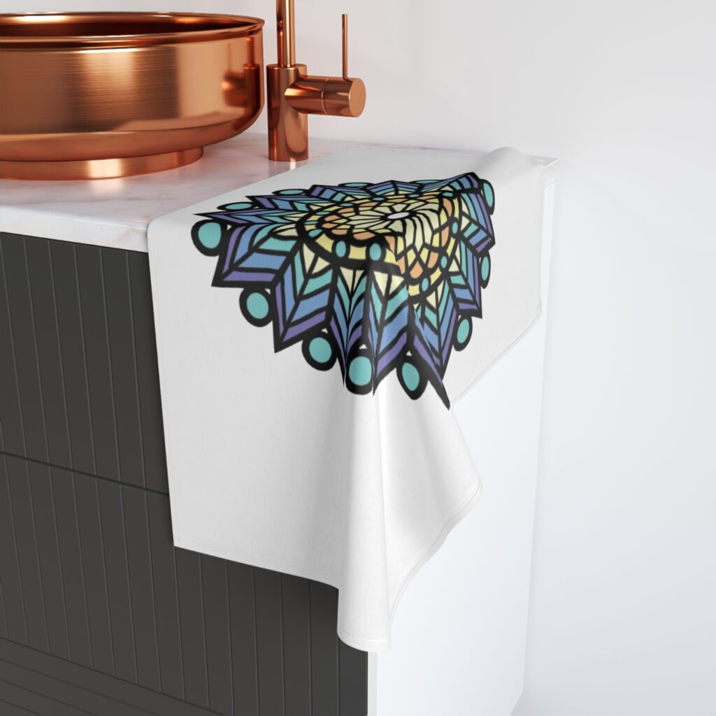 Mandala Sunburst Hand Towel — Blue & Teal Geometric Bath Accent
