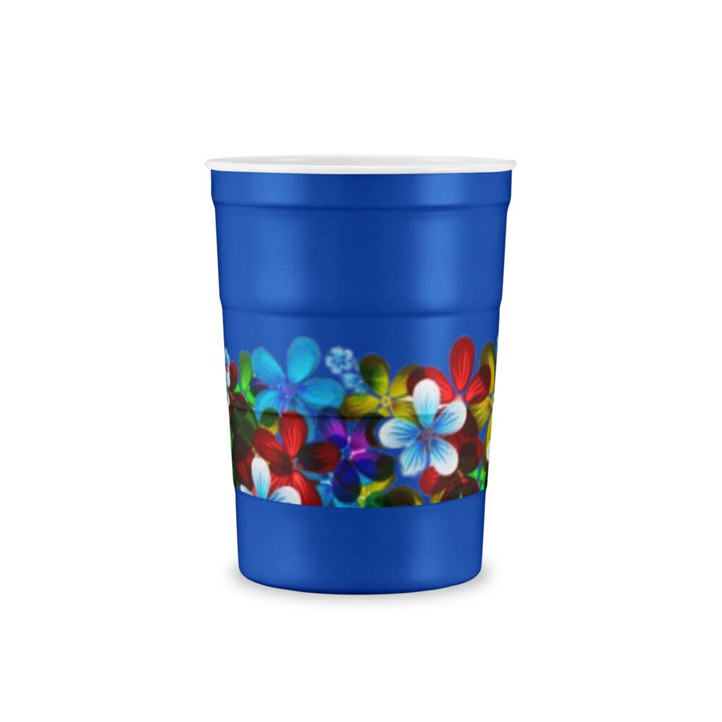 Floral Fiesta Reusable Steel Cup - Red Insulated Tumbler with Colorful Plumeria Band