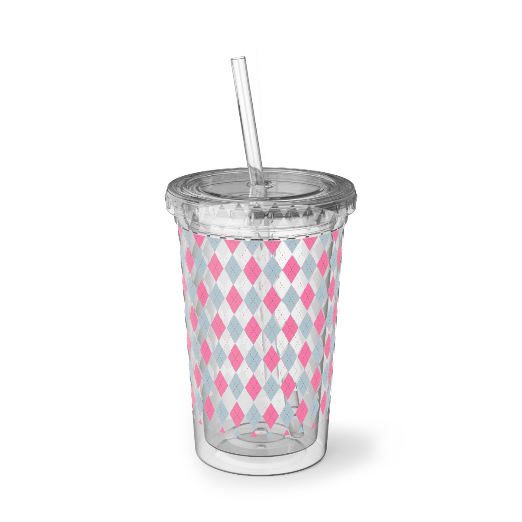 Pink Gray Argyle Acrylic Tumbler - Reusable Cold Cup with Straw - Image 4