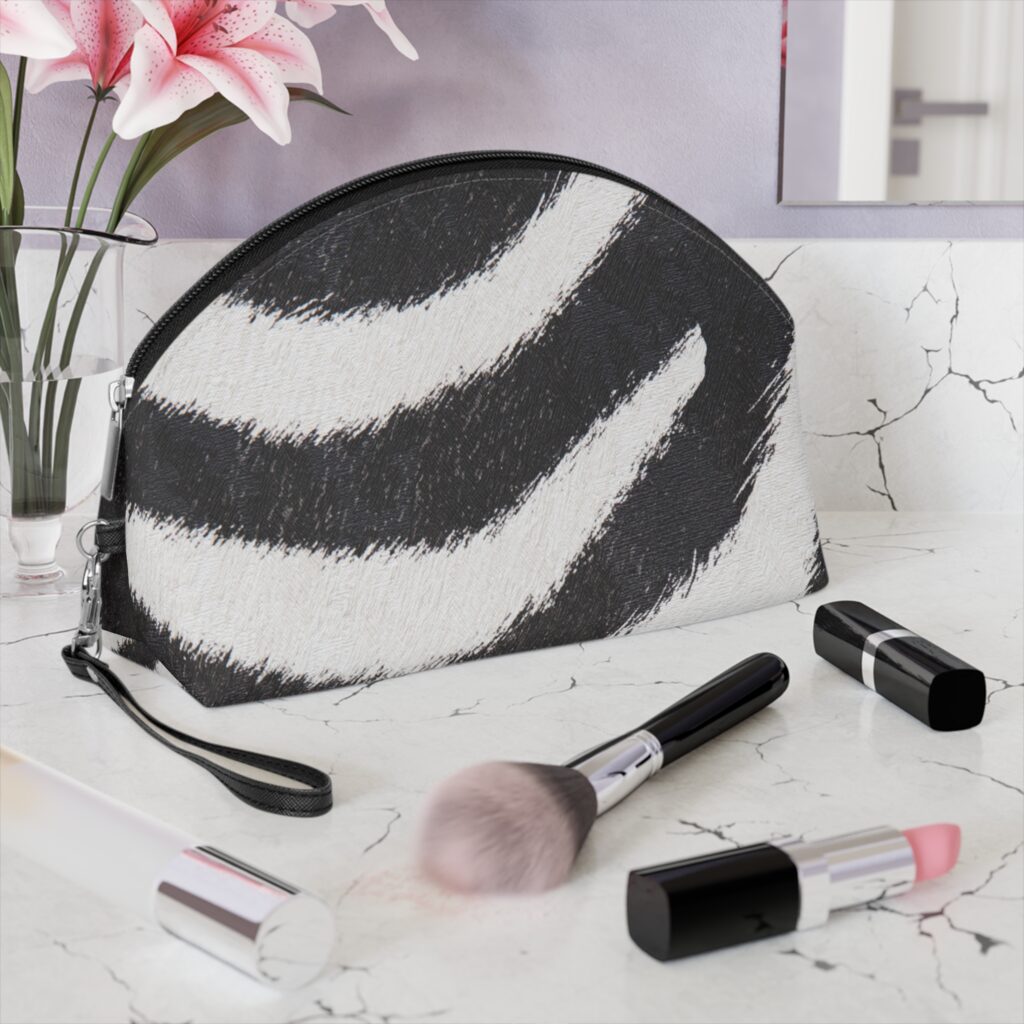 Zebra Print Makeup Bag — Black & White Cosmetic Pouch with Wrist Strap