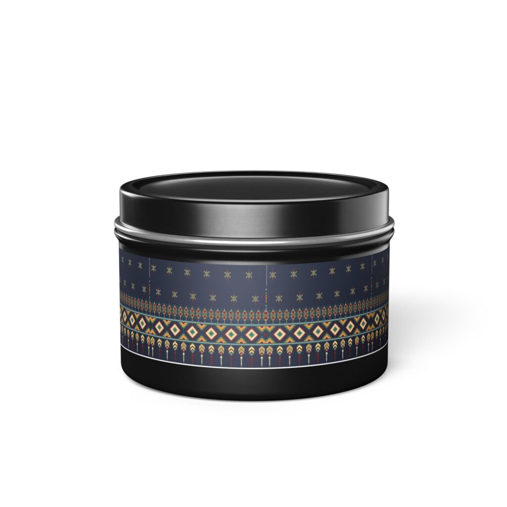 Nordic Winter Tin Candle — Cozy Hearth Scented Candle in Decorative Navy Pattern Tin