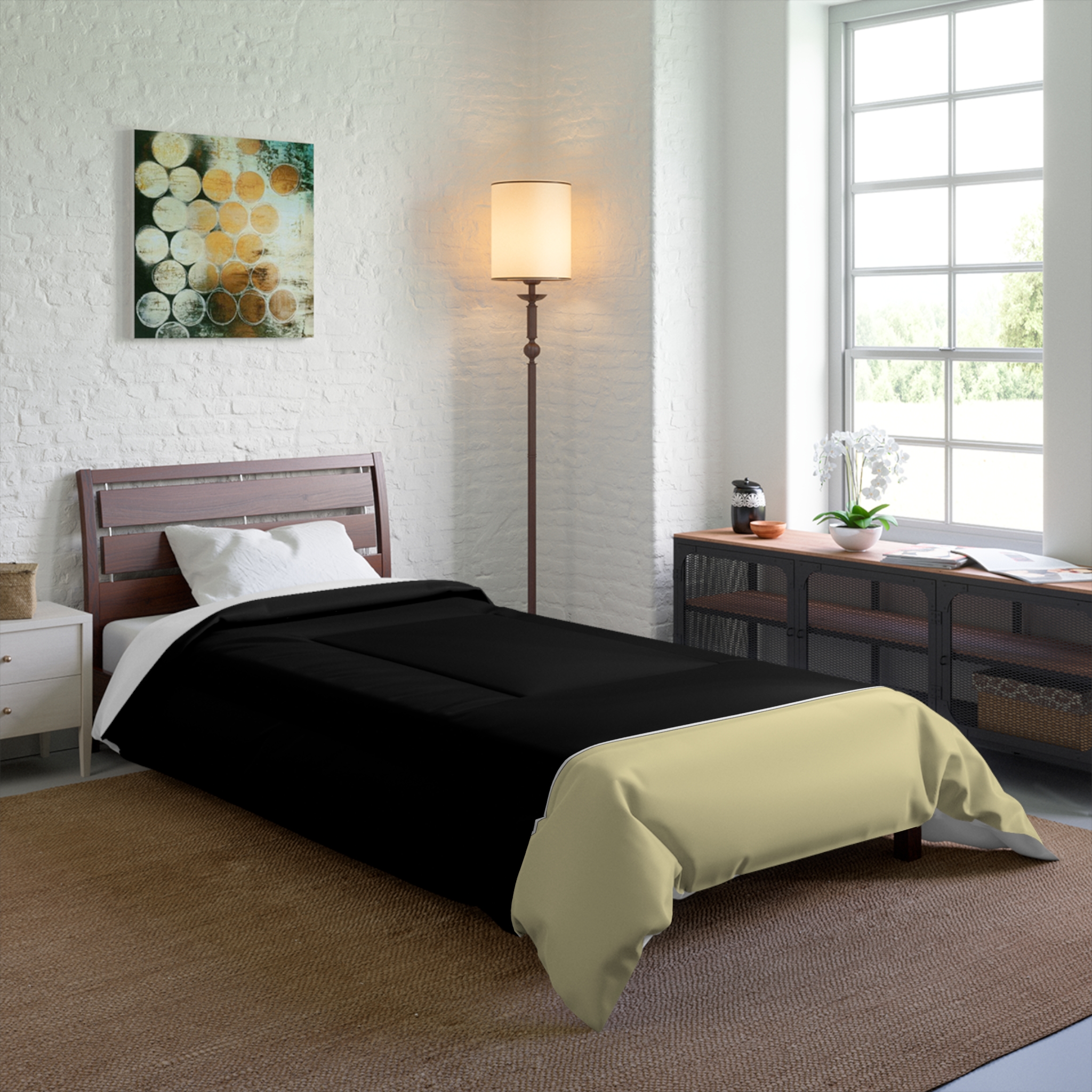 Two-Tone Black and Beige Comforter – Modern Minimalist Bedspread