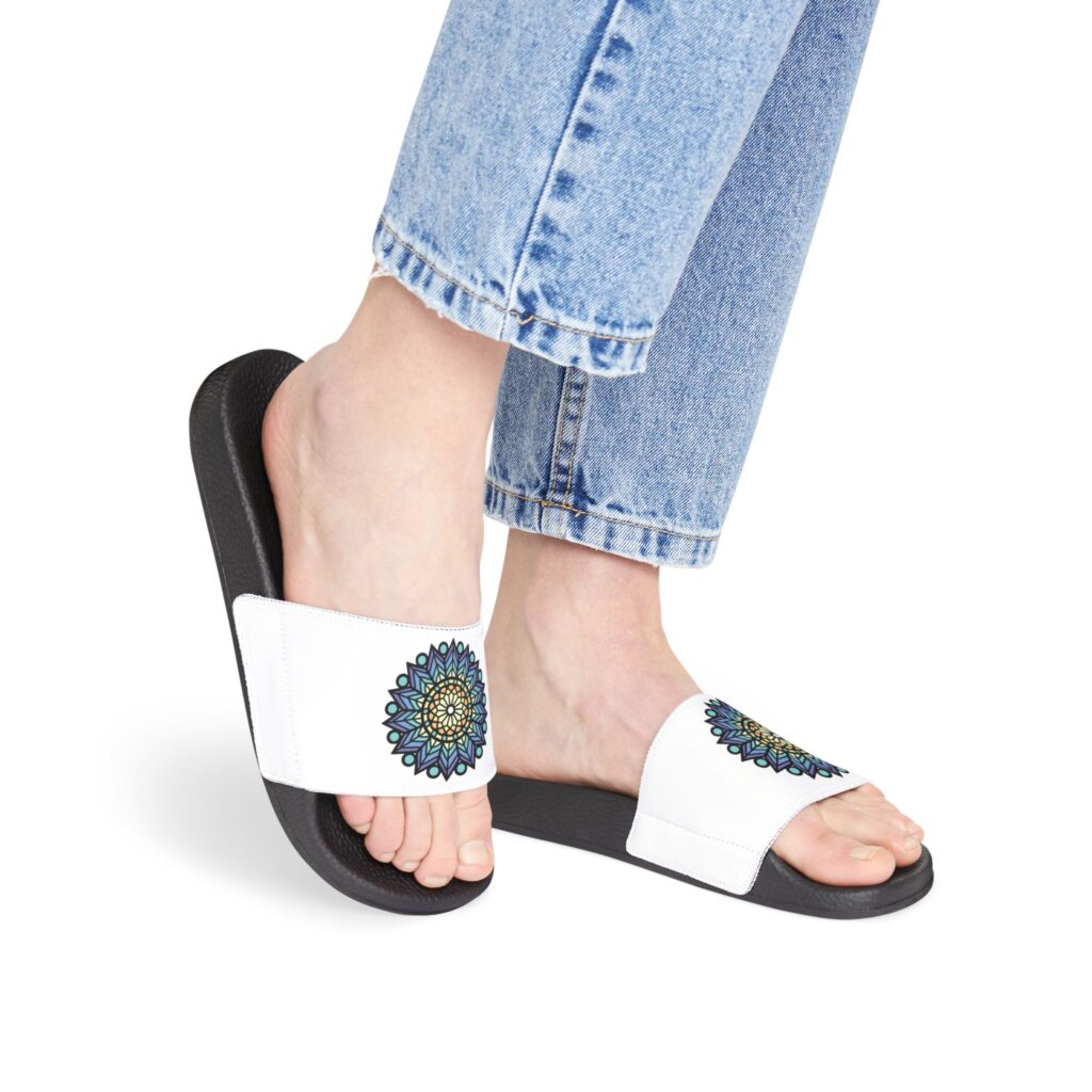 Slide Sandals — Women's White Slides with Blue Mandala Design