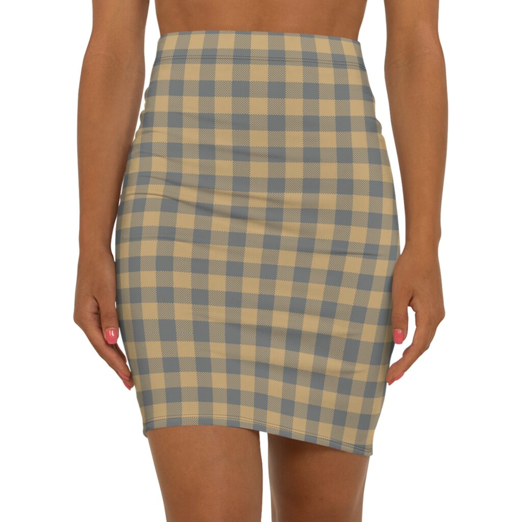 Plaid Pencil Skirt – Beige Blue Mid-Waist Checkered Print